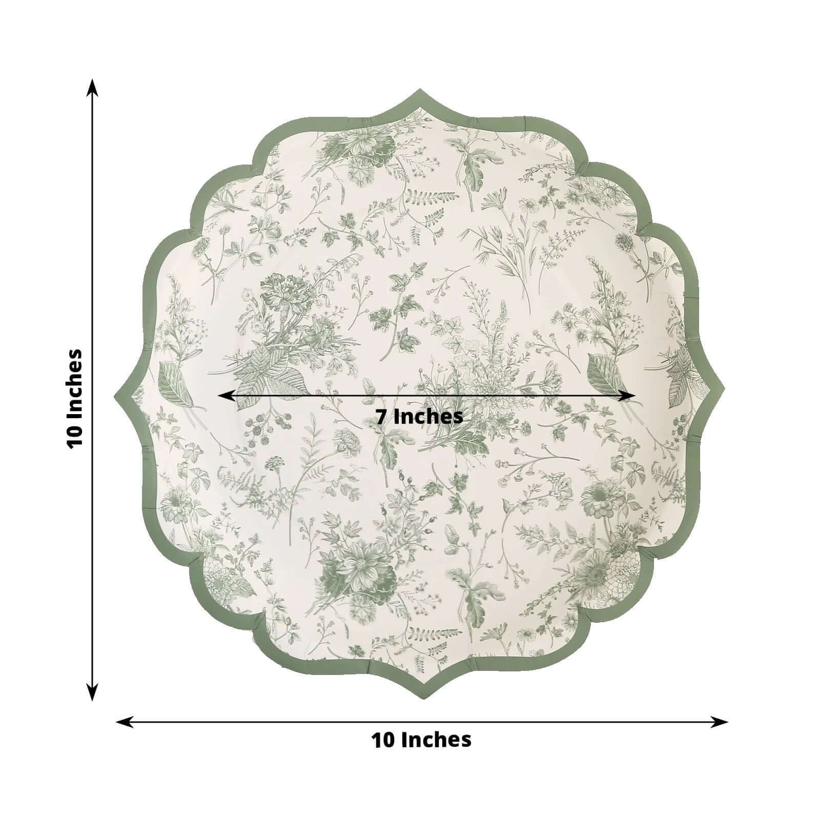 25-Pack Disposable 10-Inch White Paper Dinner Plates with Sage Green French Toile Design & Scalloped Rim for Classy Events