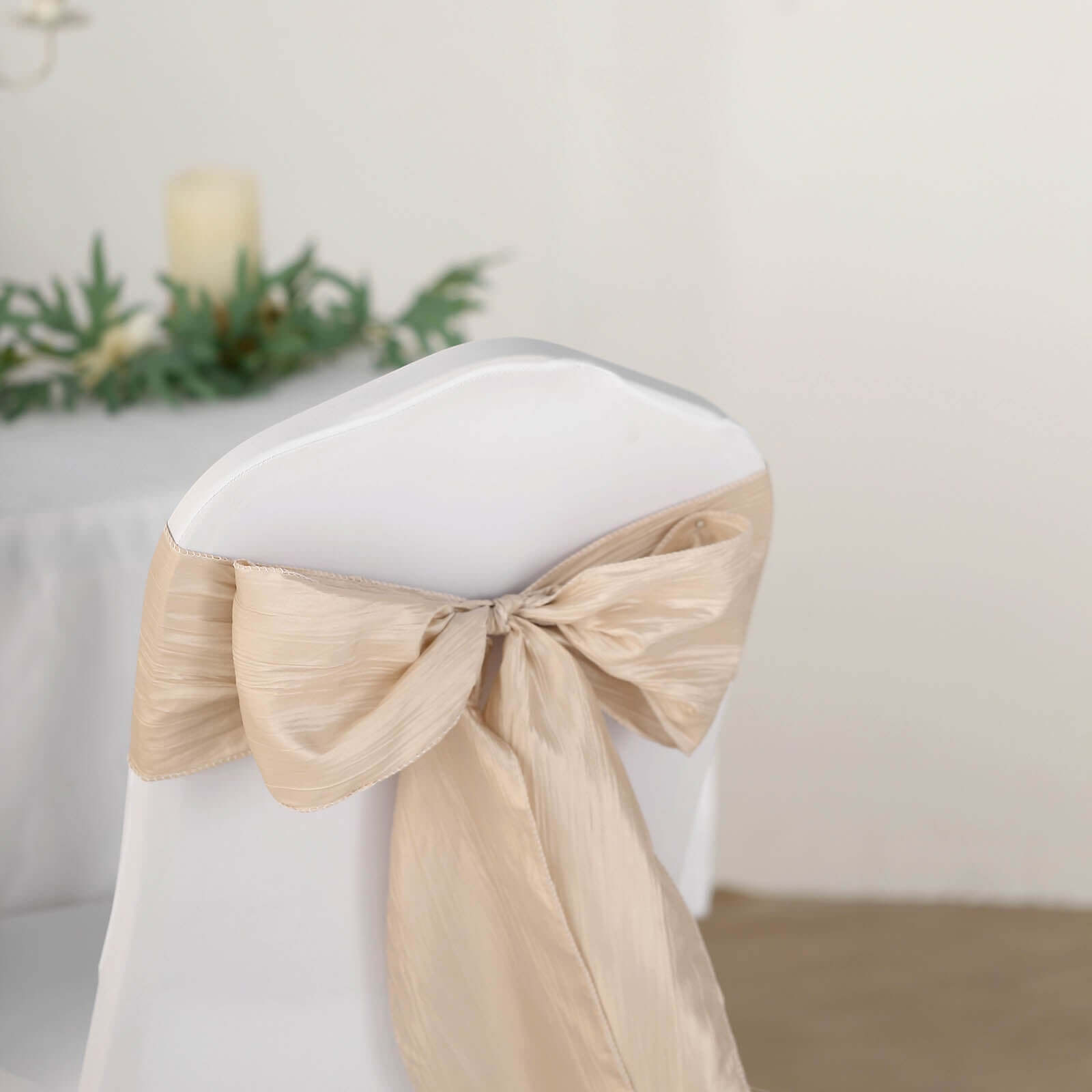5-Piece Set of Beige Accordion Crinkle Taffeta Chair Sashes (6x106) - Ideal for Weddings and Gatherings