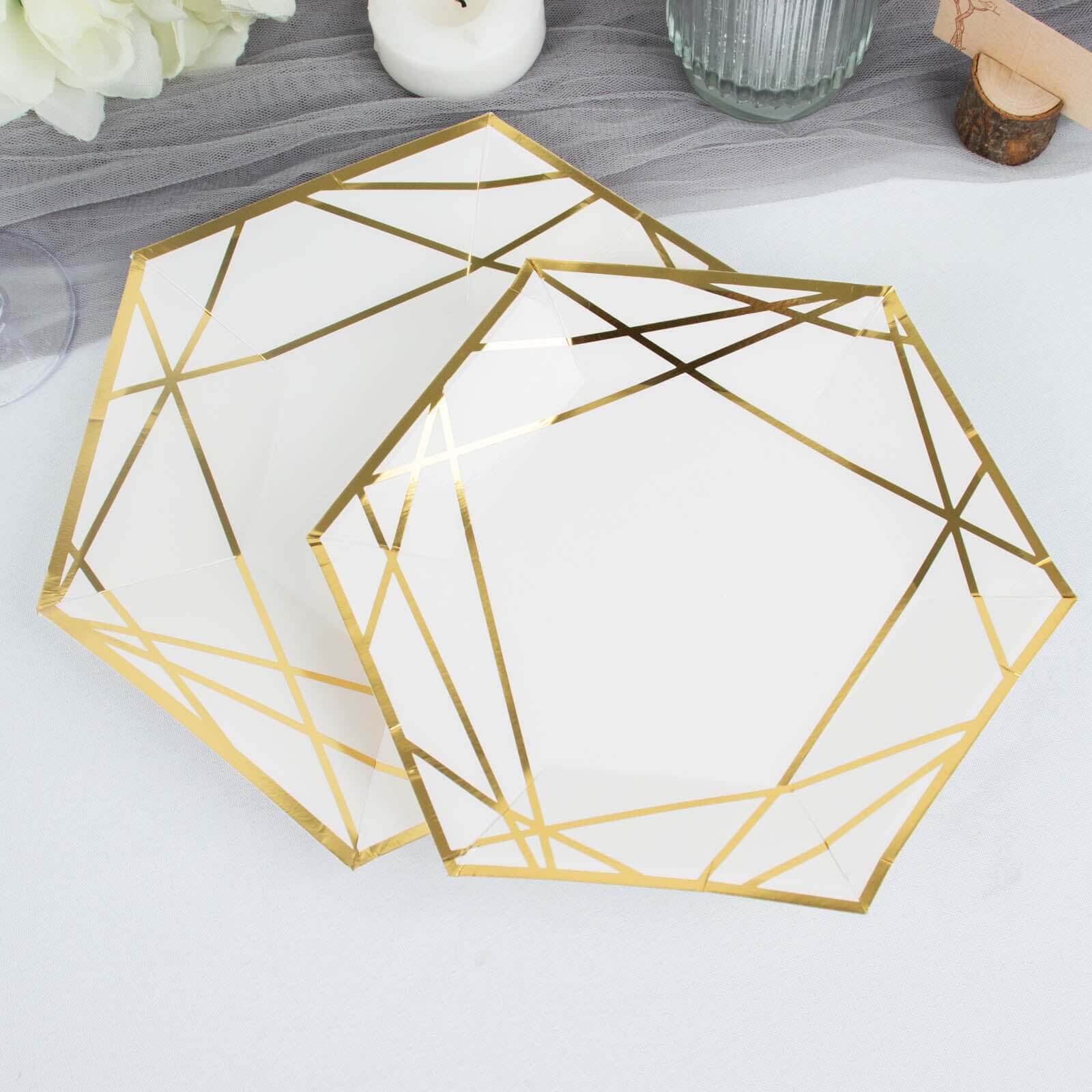 25-Pack White & Gold Geometric Hexagon Disposable Paper Appetizer and Salad Plates for Events