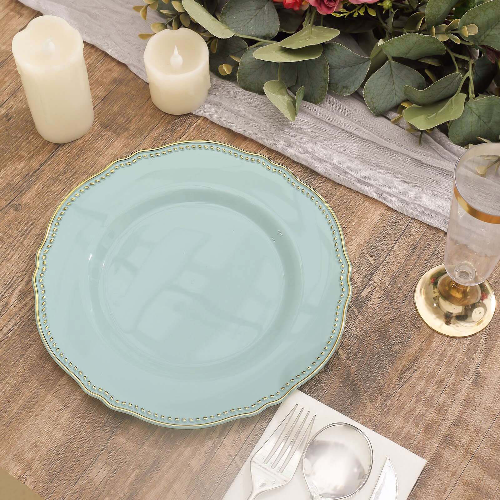 10-Pack Disposable Jade Plastic Dinner Plates with Gold Scalloped Rim - 9 Inches