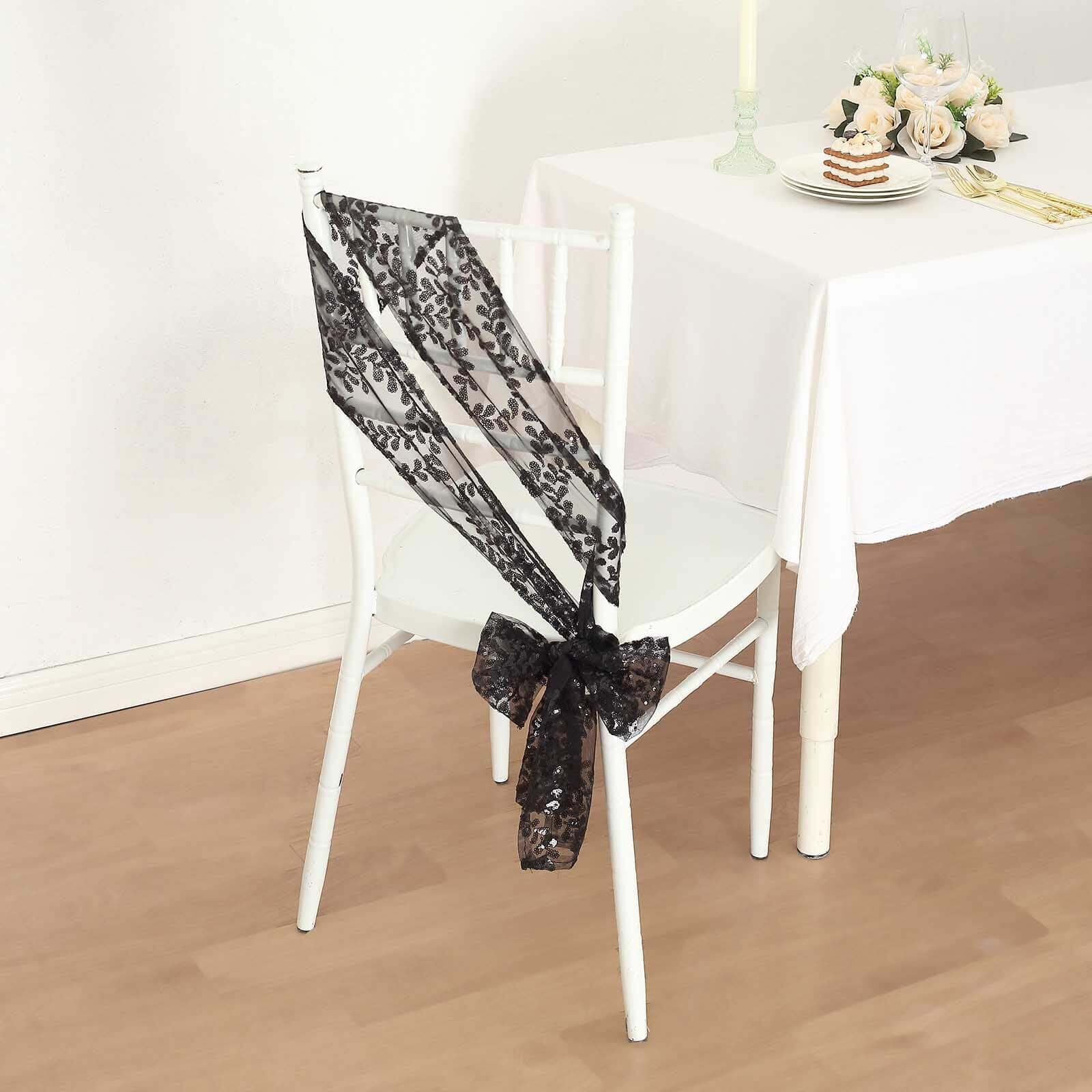 5-Pack Black Tulle Chair Sashes with Leaf Vine Embroidered Sequins - Ideal for Special Events