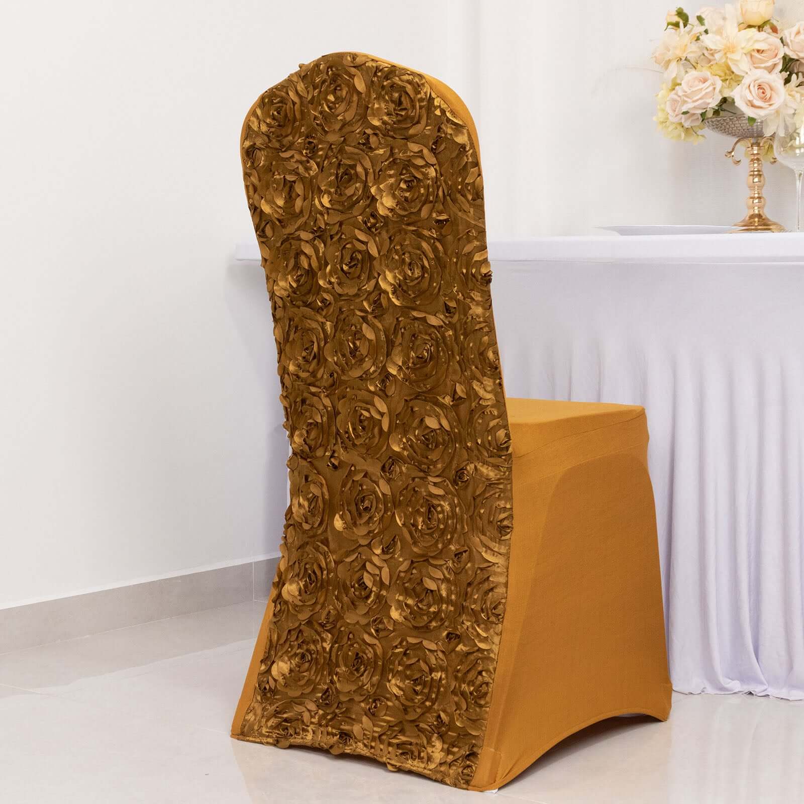 Gold Satin Rosette Stretch Chair Cover - Ideal for Sophisticated Gatherings