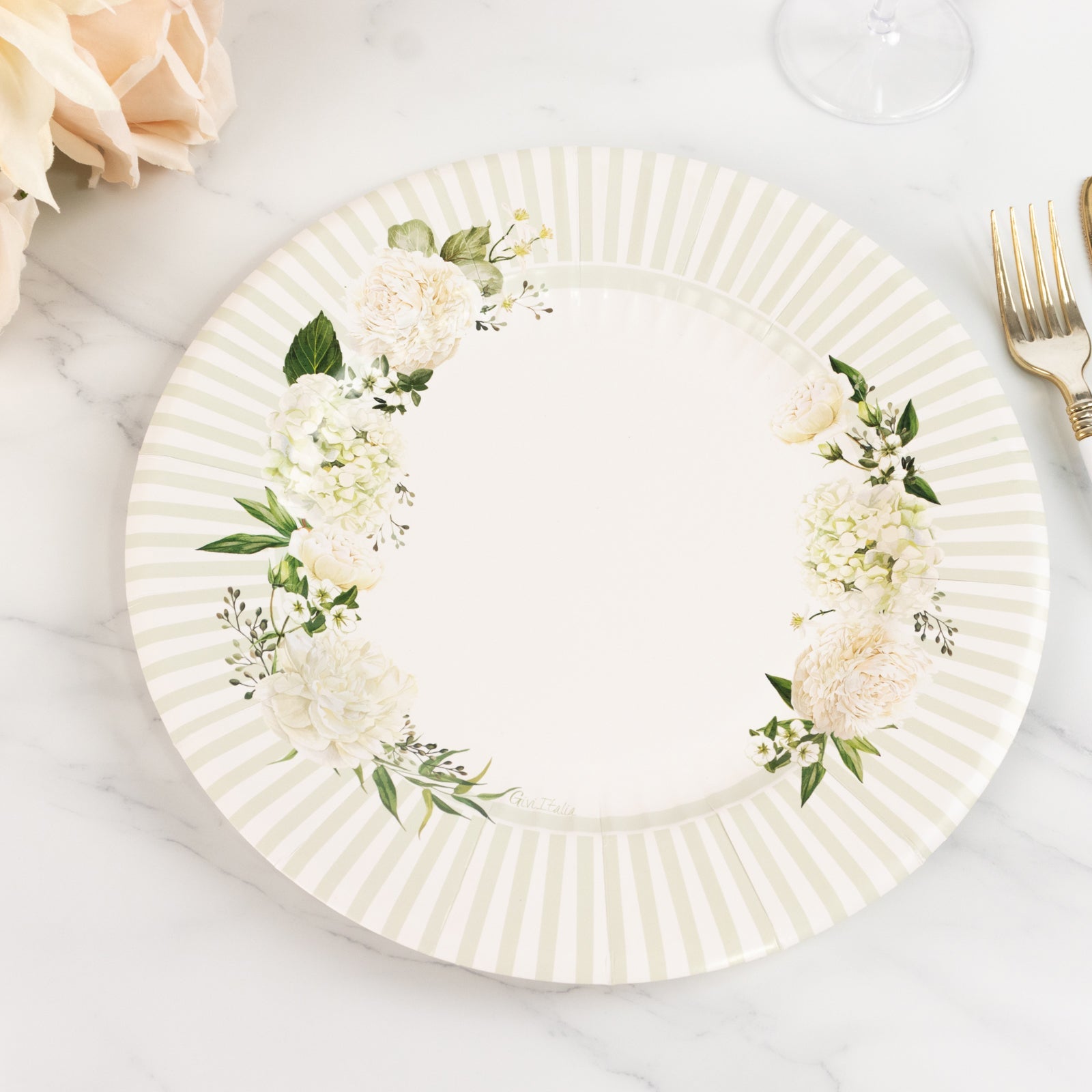 25-Piece Set of 10.5-Inch White Paper Dinner Plates with Sage Green Floral Design & Lined Edge - Ideal for Party Events