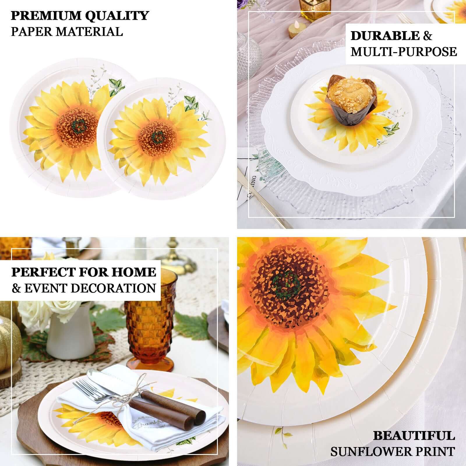 25-Pack Disposable 7-Inch Round White Paper Dessert Plates with Sunflower Design - Ideal for Rustic & Garden Events