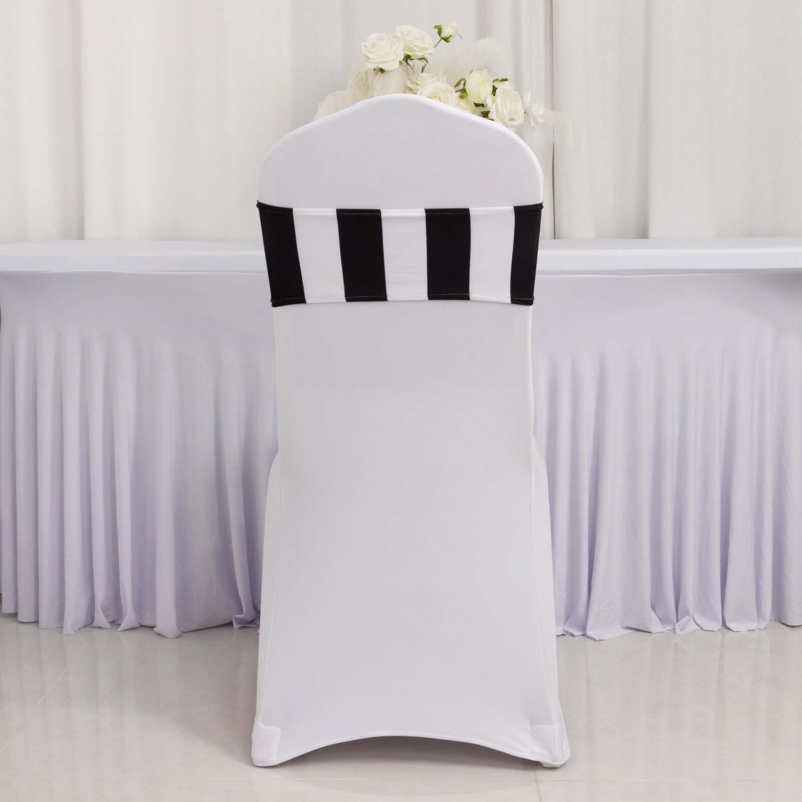 5-Pack Black/White Vertical Striped Spandex Chair Sashes - Wrinkle-Free & Easy to Use for Stunning Decor