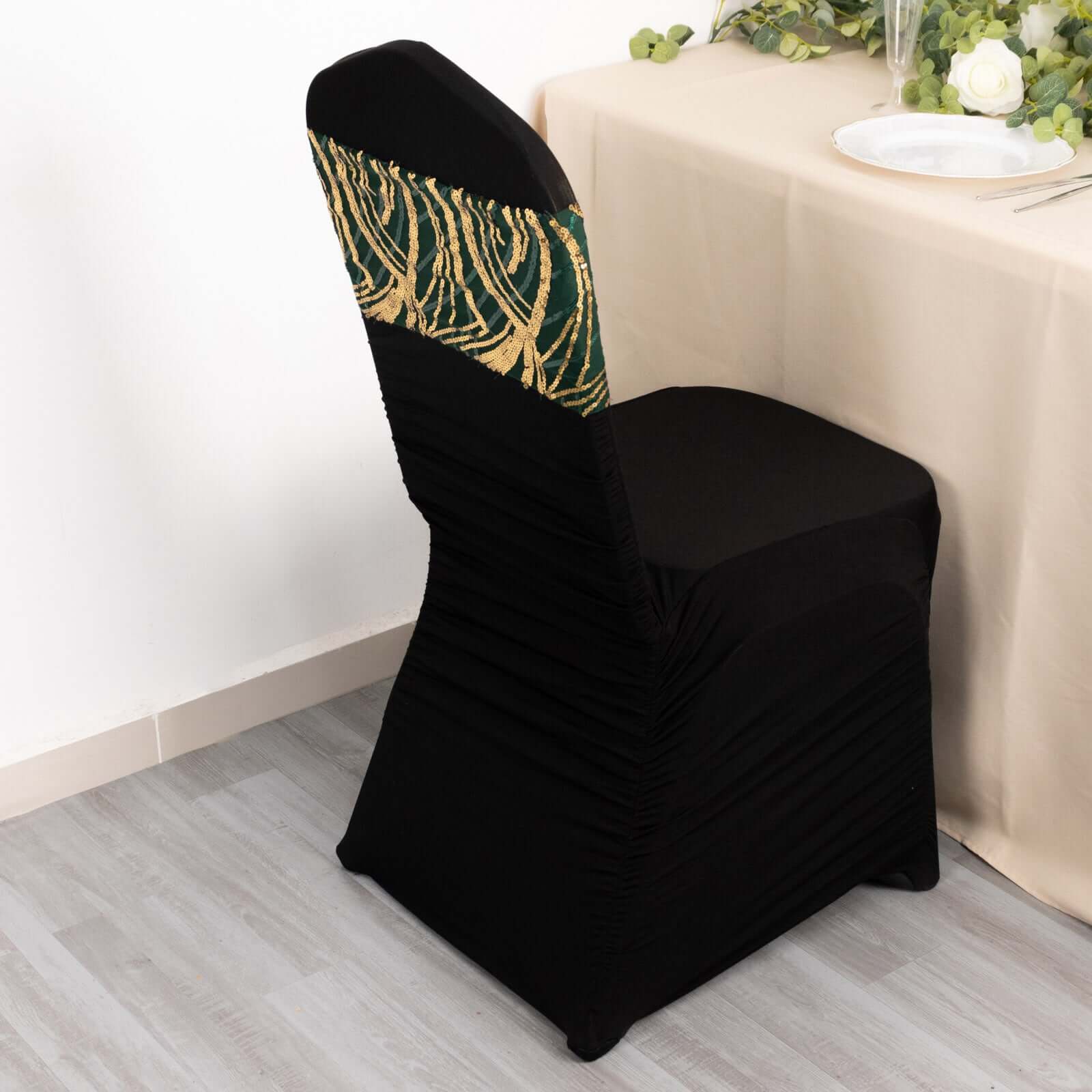 Hot Deal! 5-Pack Hunter Emerald Green/Gold Chair Sash Bands with Wave Embroidered Sequins