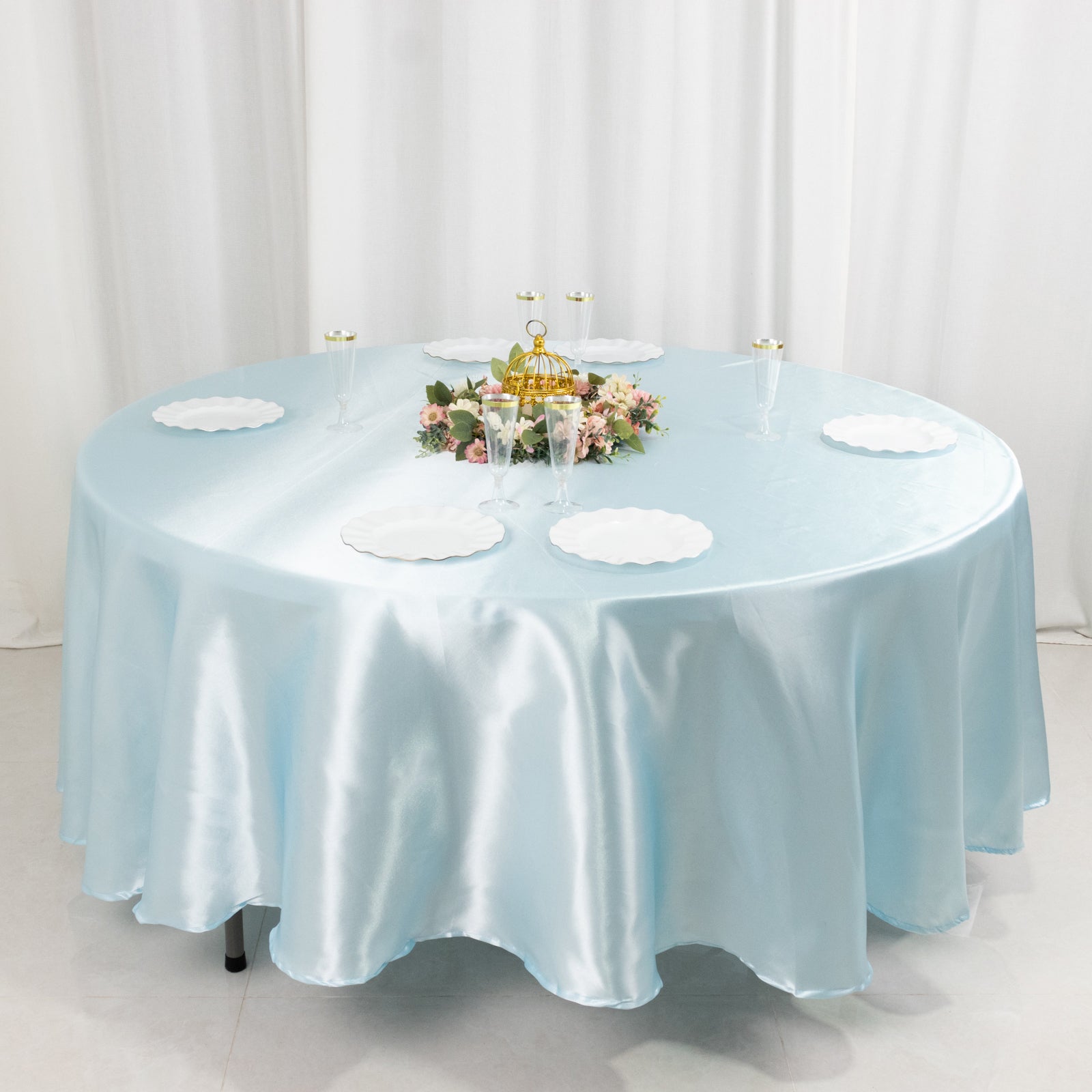 Light Blue Smooth and Lustrous 108-Inch Satin Round Tablecloth
