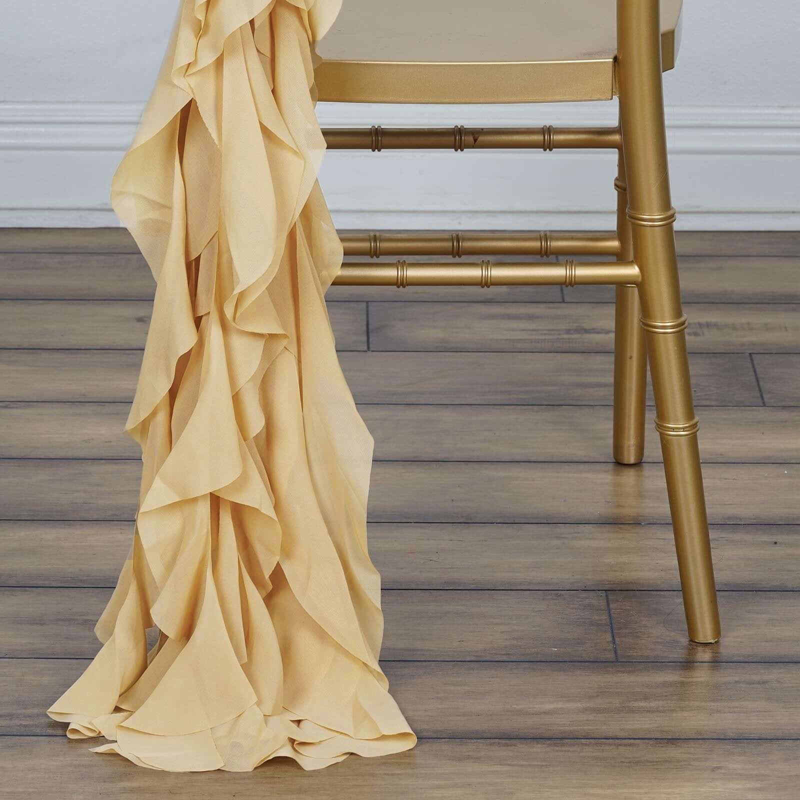 Stylish Champagne Chiffon Chair Sashes with Willow Ruffles - 1 Set