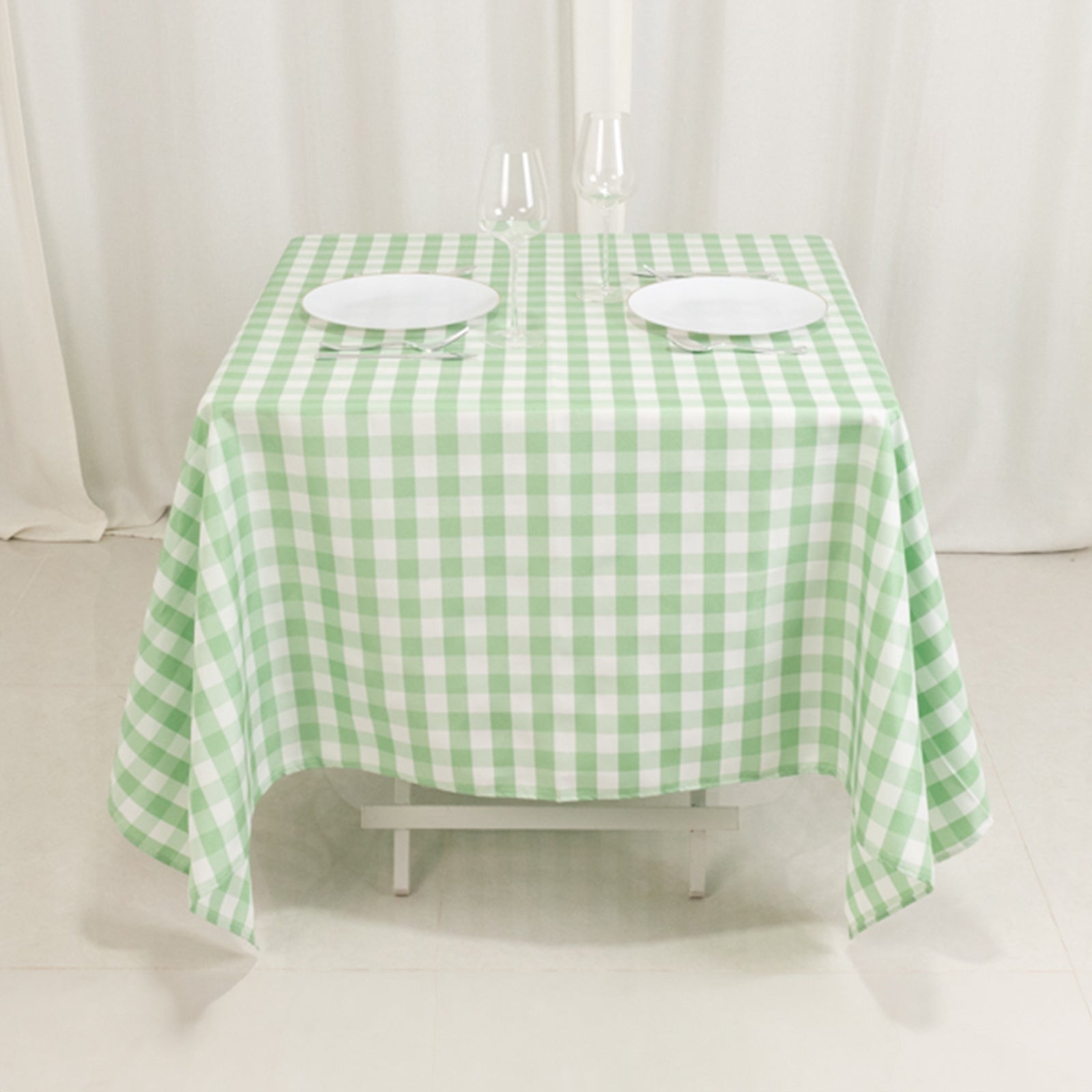 70x70 Polyester Square Table Overlay in White and Sage Green - Buffalo Check Plaid Table Topper