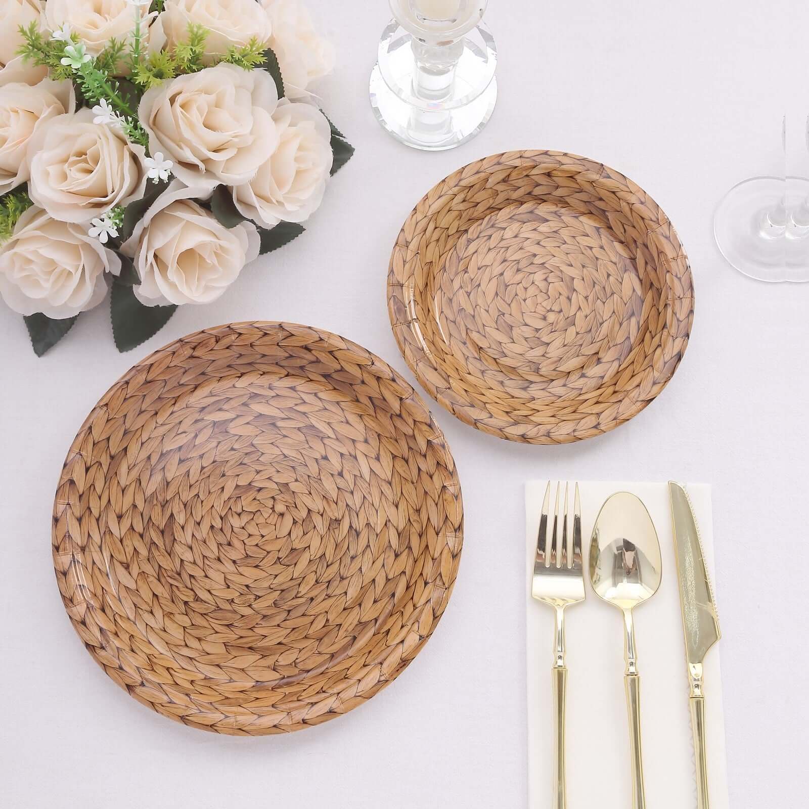 25-Pack Disposable 9-Inch Round Natural Paper Dinner Plates with Woven Rattan Print - Ideal for Rustic Farmhouse Parties