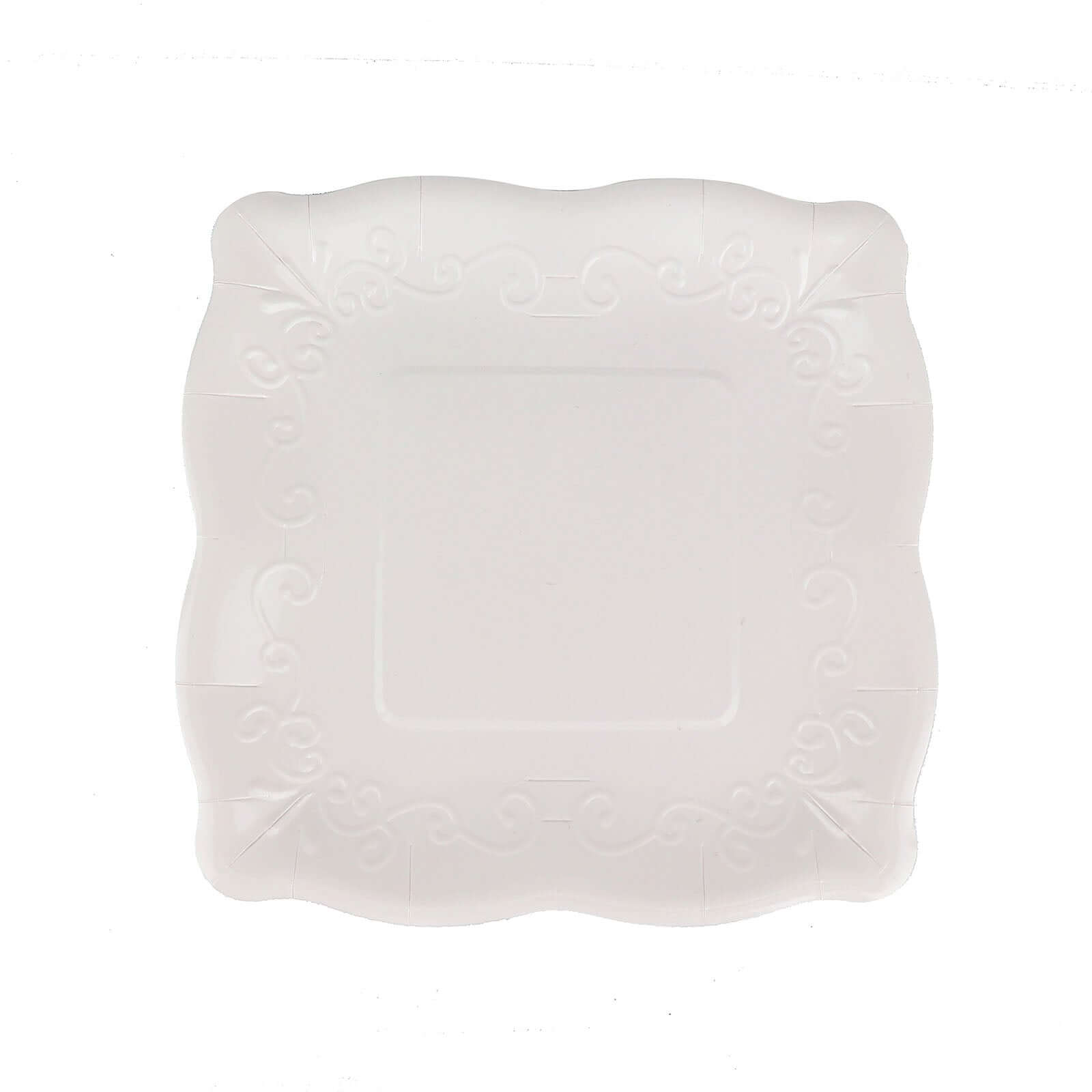 25-Pack White Square 7-Inch Disposable Dessert Plates with Vintage Pottery Embossed Design - Ideal for Special Events