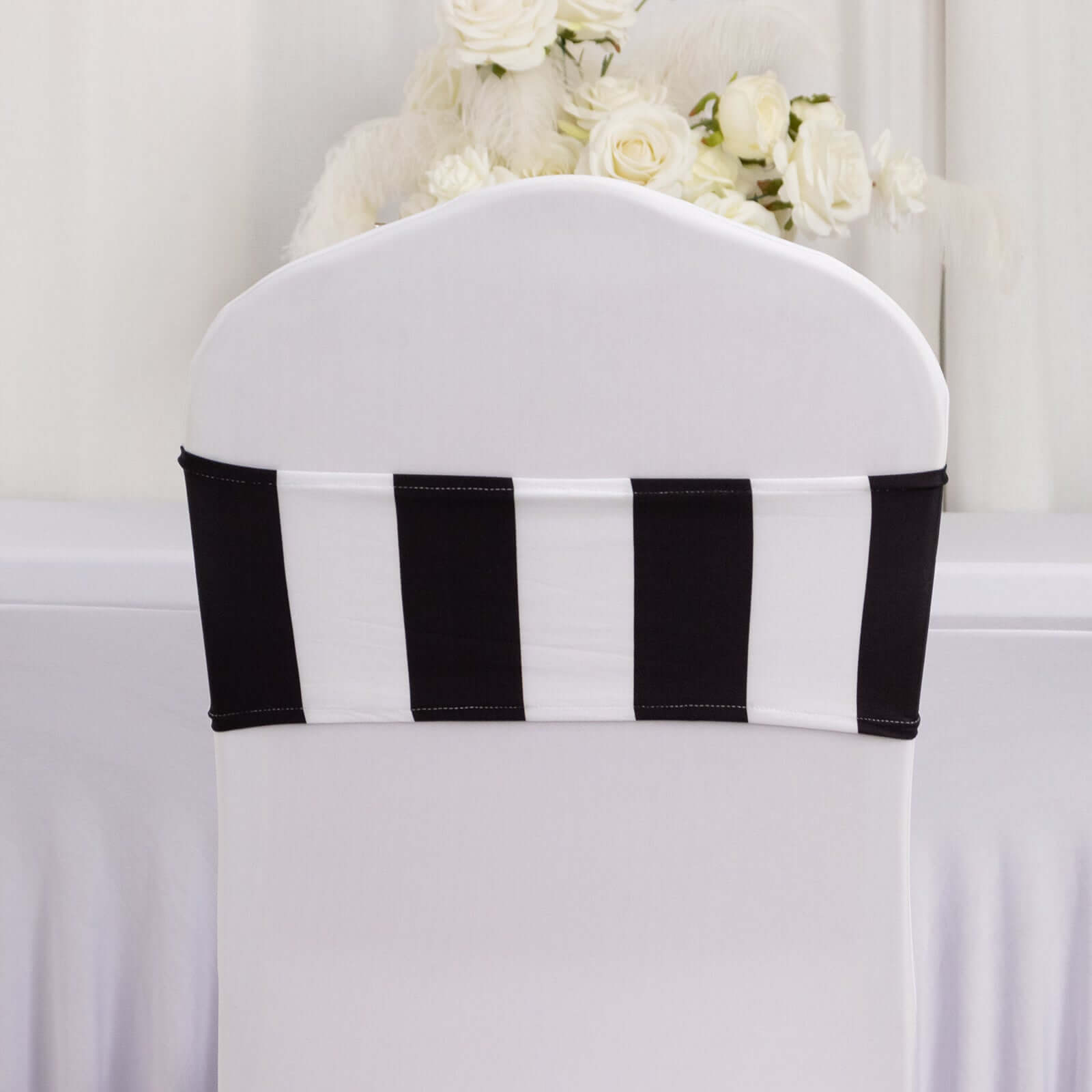 5-Pack Black/White Vertical Striped Spandex Chair Sashes - Wrinkle-Free & Easy to Use for Stunning Decor