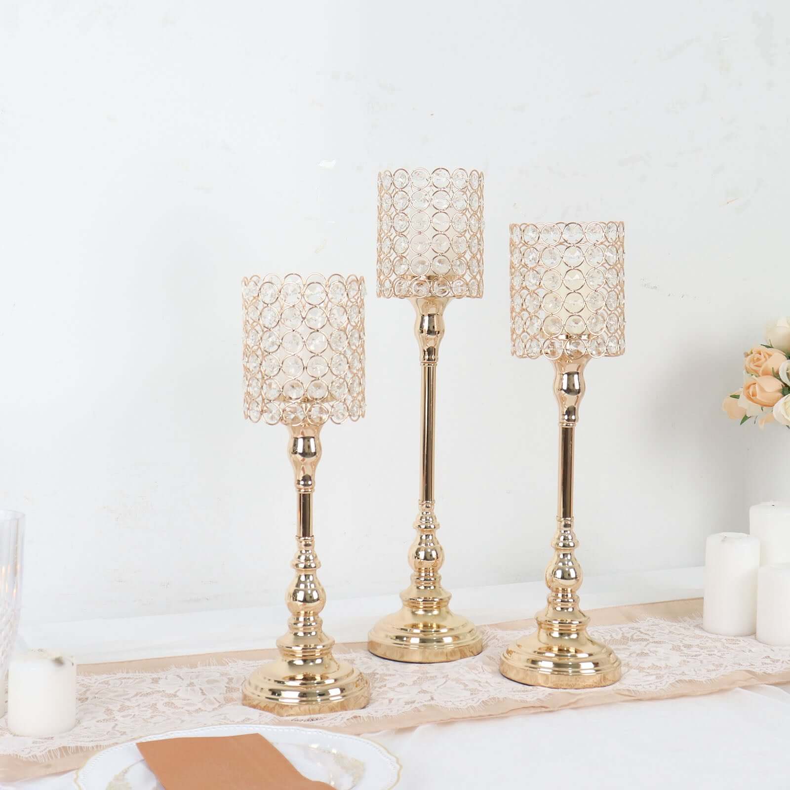 Hot Sale! Set of 3 Gold Crystal Beaded Cylinder Votive Candle Holder Stands for Events