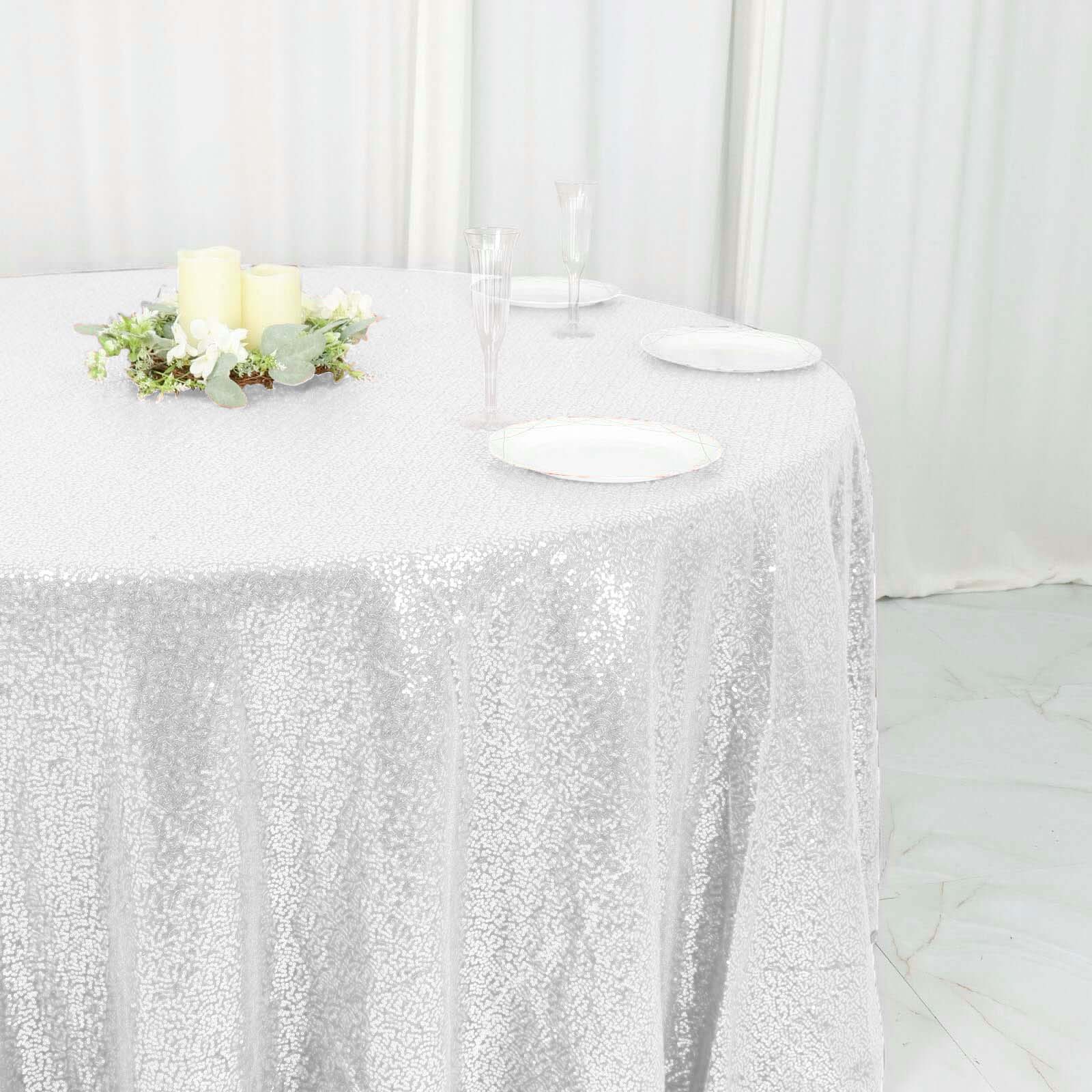 White Seamless Glittering 120 Round Sequin Tablecloth for Elegant Events