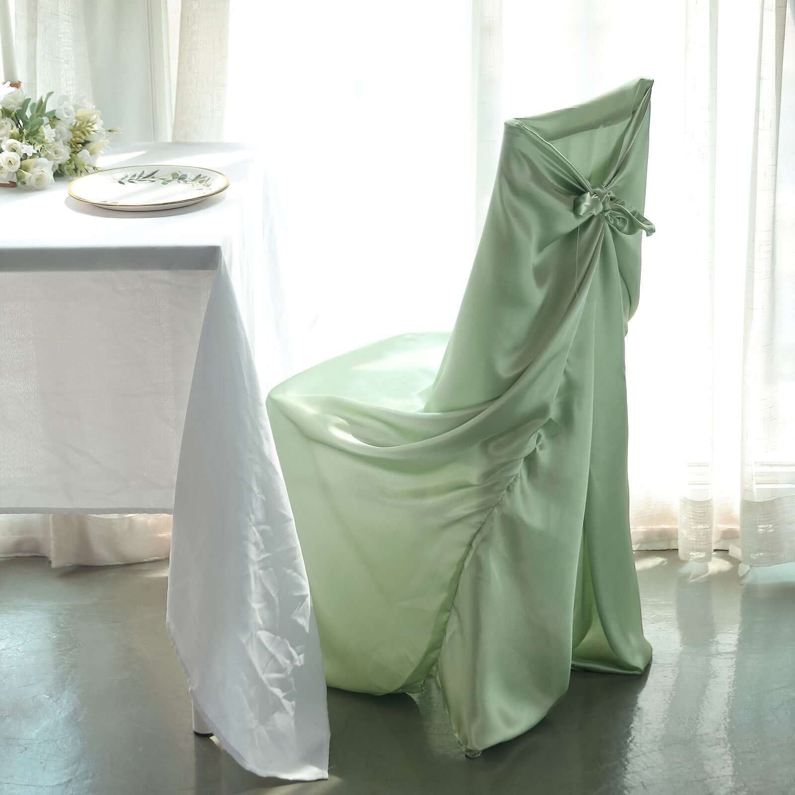Sage Green Satin Self - Tie Chair Cover: Universal for Folding, Dining & Banquet Chairs