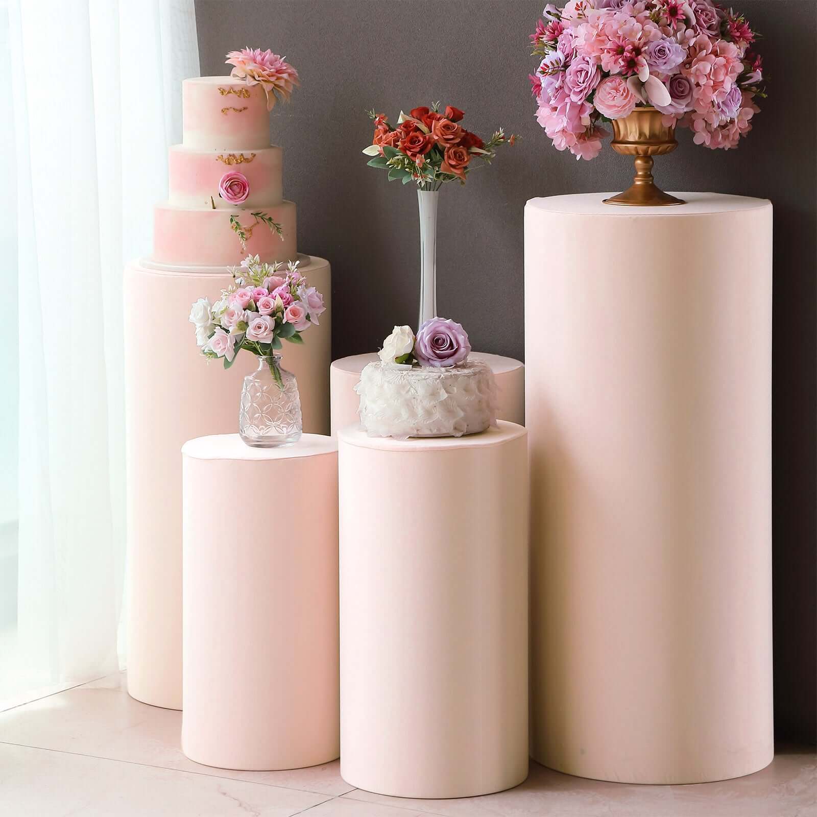 Hot Sale! Set of 5 Blush Spandex Stretchable Cylinder Pedestal Stand Covers, 160 GSM