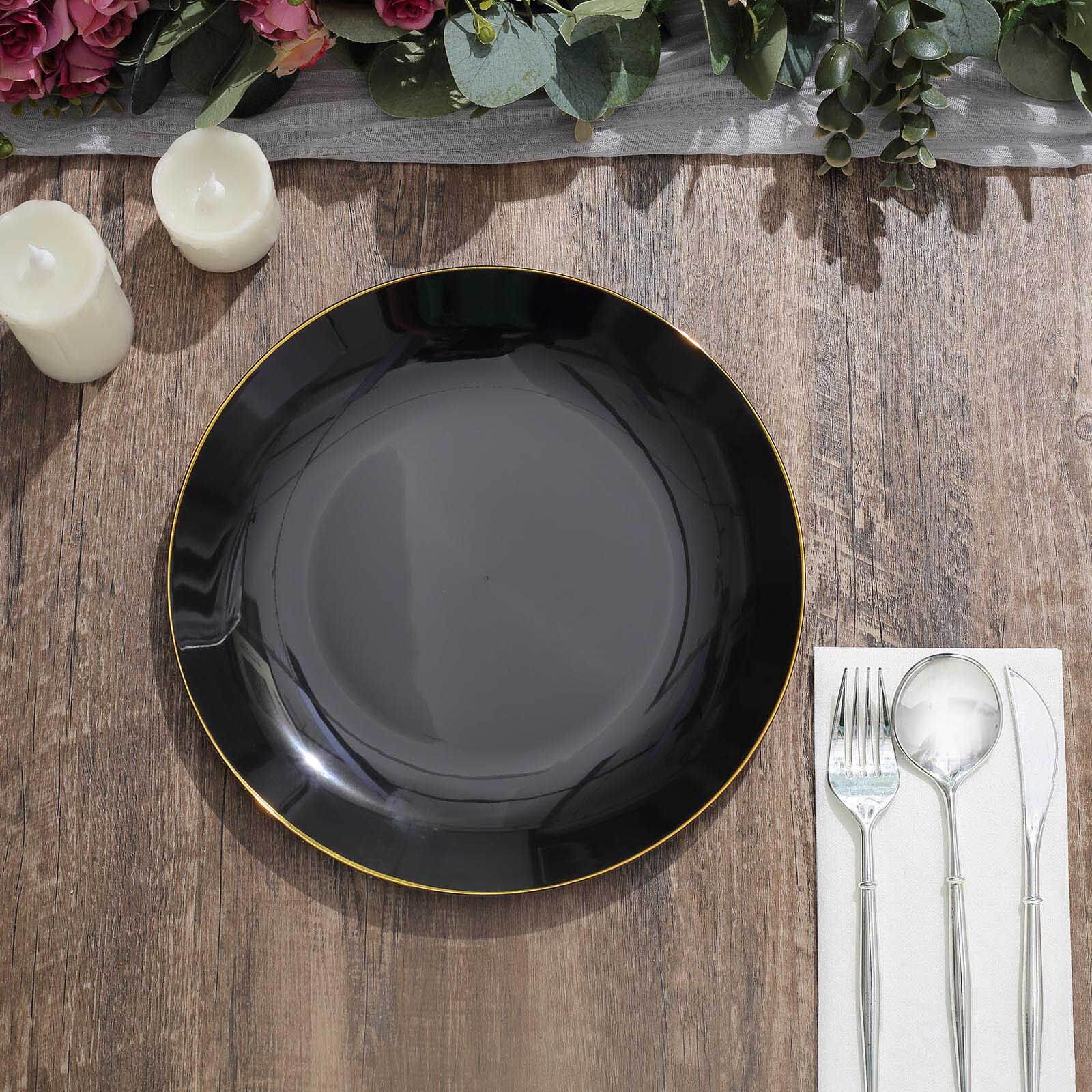 10-Piece Set of Glossy Black Plastic Dinner Plates with Gold Rim for Disposable Parties