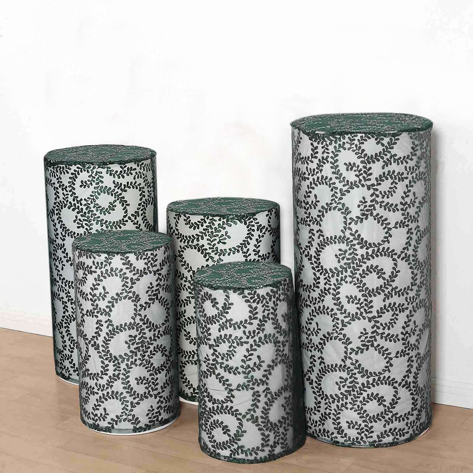 Hot Deal! Set of 5 Sparkly Hunter Emerald Green Sequin Mesh Cylinder Pedestal Stand Covers with Leaf Vine Embroidery