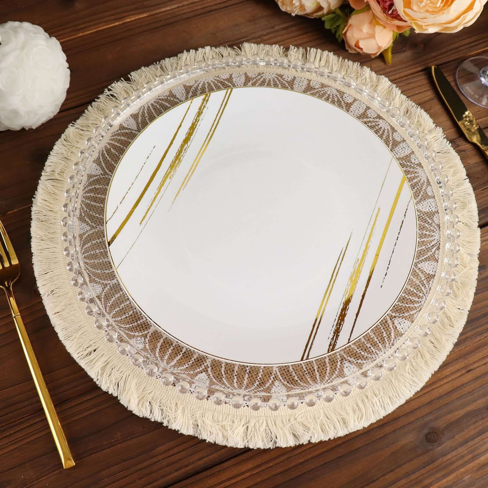 Hot Deal! 4-Pack Round Mandala Print Jute Placemats with Fringe and Tassel Design, Natural and White