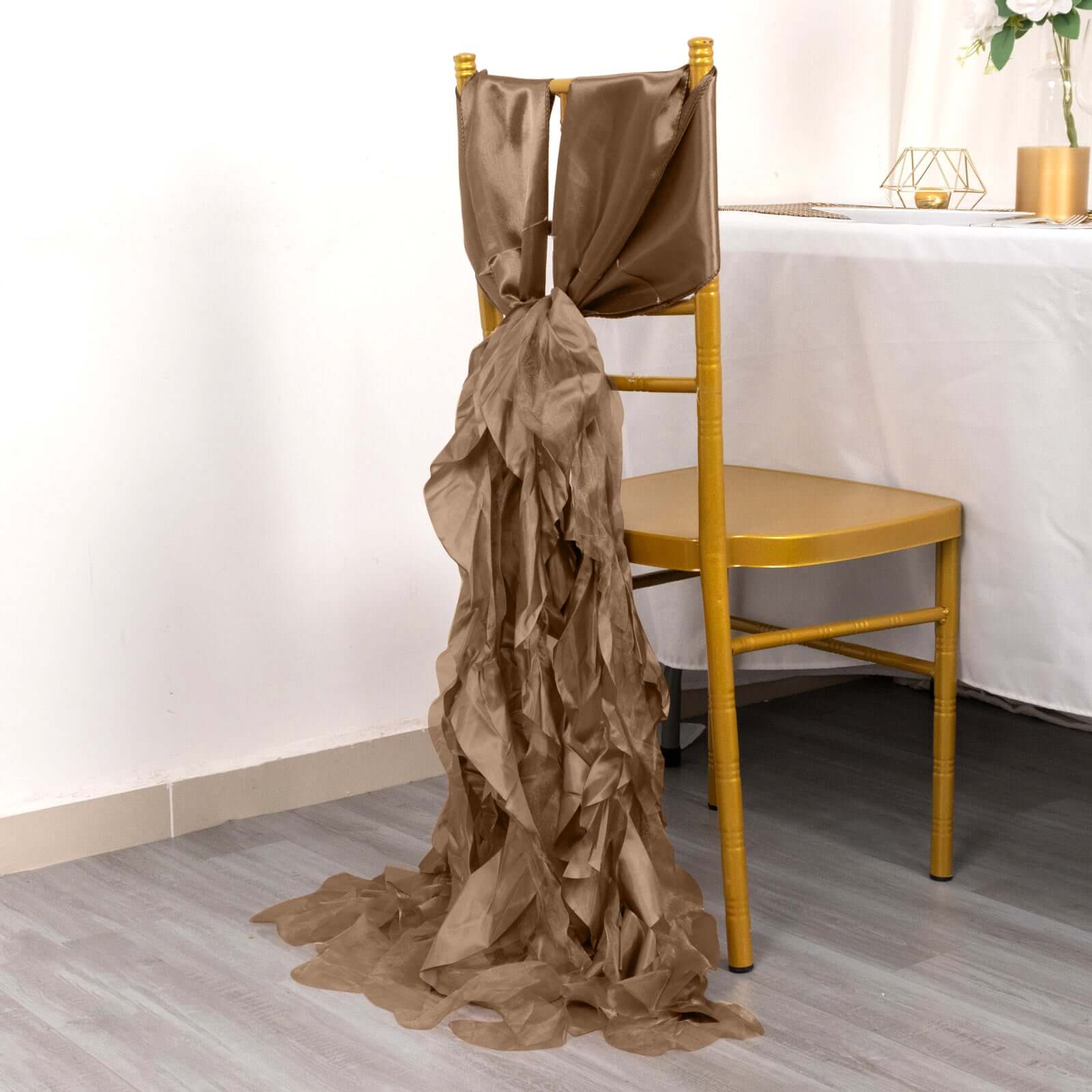 5-Piece Taupe Chiffon Satin Curly Willow Chair Sashes - Effortless Installation