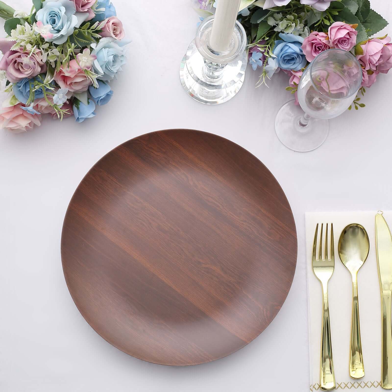 Set of 6 Disposable Shatterproof Brown Wood Grain Melamine 10-Inch Round Dinner Plates for Rustic Party Decor