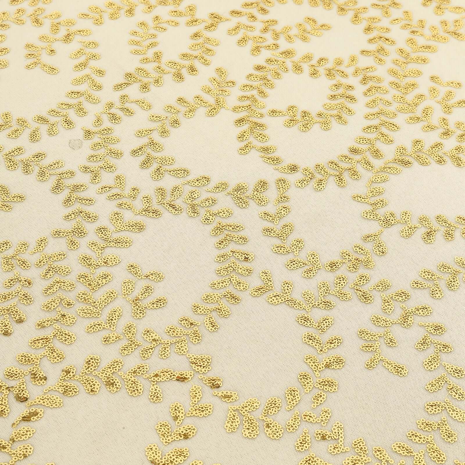 Gold Seamless Sequin Leaf Embroidered 120 Round Tulle Tablecloth for Elegant Events