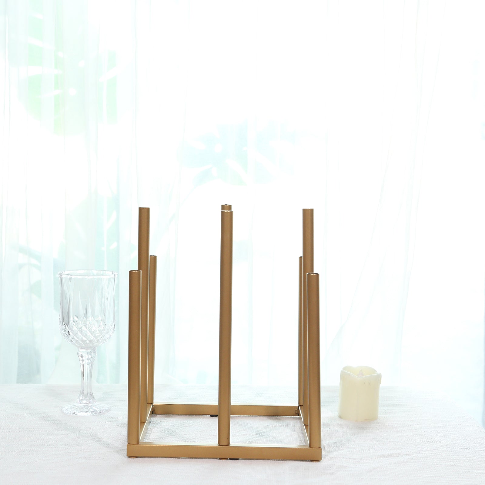 Single Stem Gold Metal Minimalist 8-Tube Flower Vase with Square Base, 10-Inch Tall
