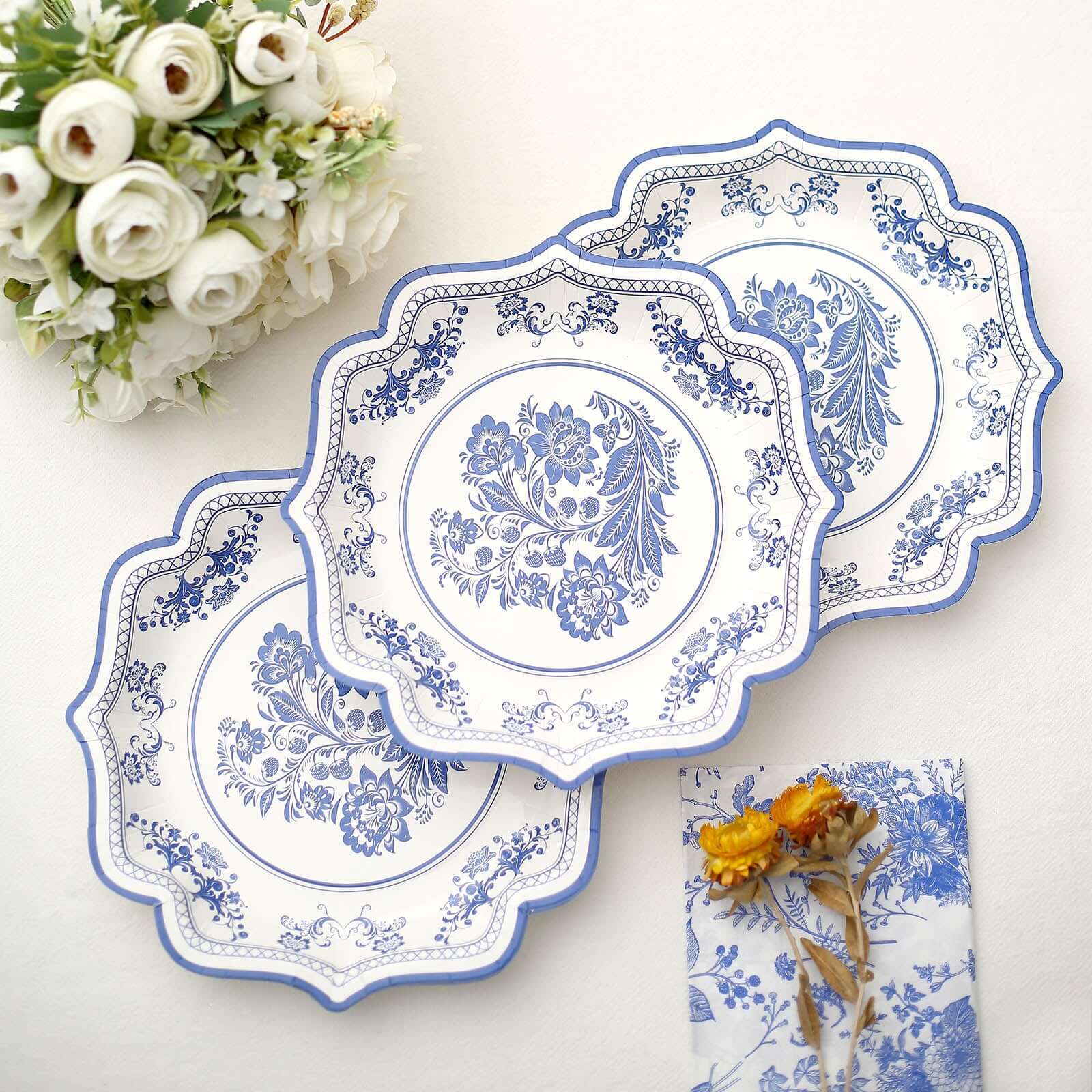 25-Pack Disposable White Paper Salad Plates with Light Blue Damask Floral Print and Scallop Rim