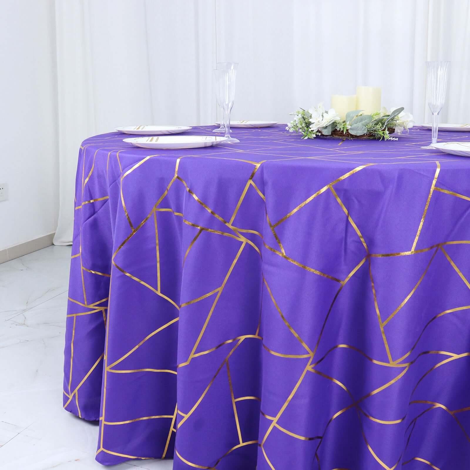 Hot! Wrinkle-Resistant Purple Polyester Round Tablecloth with Gold Foil Geometric Pattern, 120" Dia.