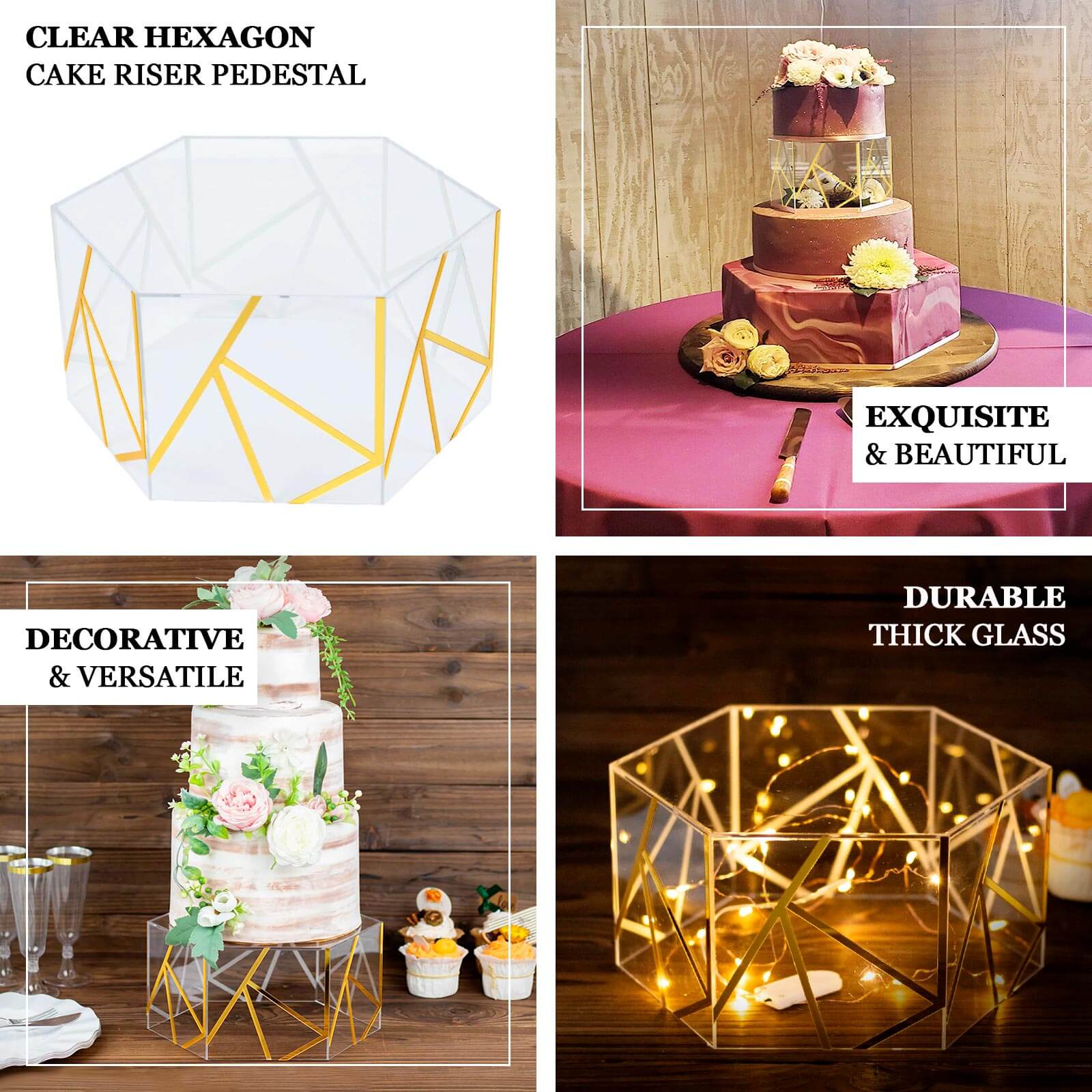 10x5 Clear and Gold Acrylic Hexagonal Cake Stand for Decorative Event Display