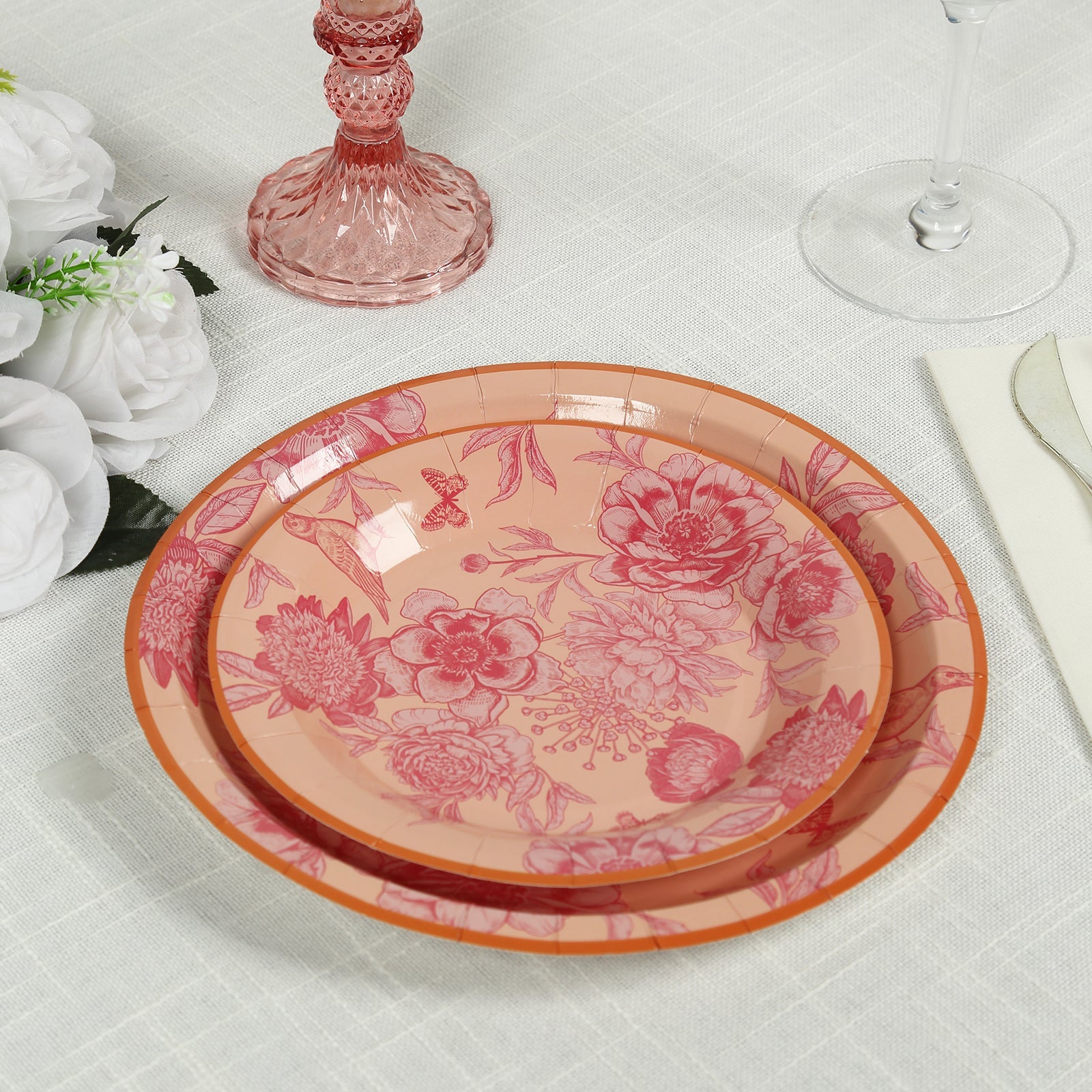 50-Piece Heavy-Duty Disposable Paper Party Plates in Dusty Rose Floral with Gold Rim, 7