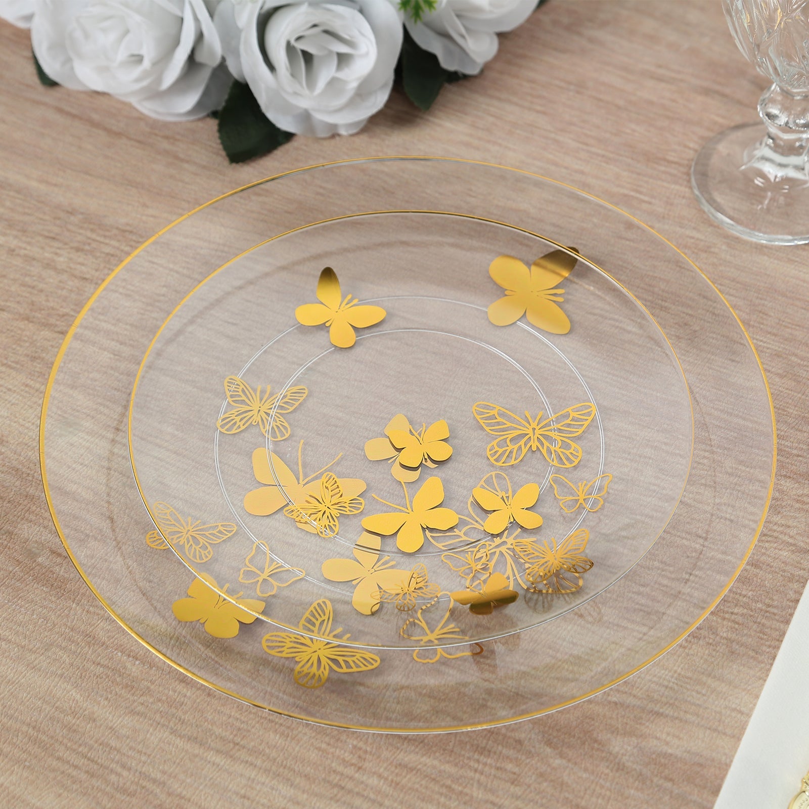 Get 20-Piece Clear Plastic Dinner & Salad Plates with Gold Butterfly Design & Rim - Stylish Disposable Ware