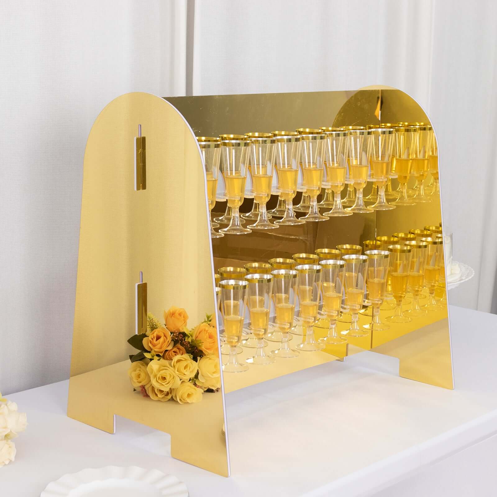 Gold Mirror Finish 2-Tier Champagne Glass Holder Display Stand - Modern Stemware Rack with 18 Hooks for Events