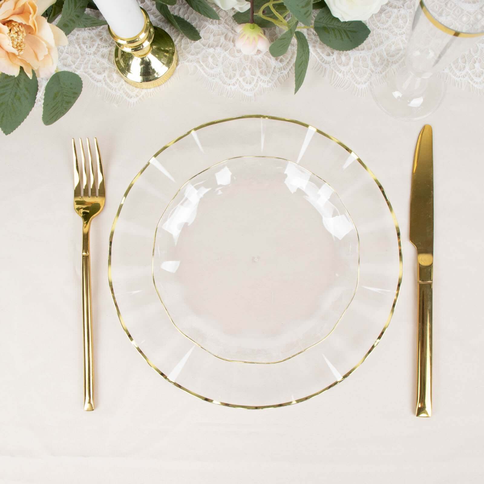 Hot Deal! 10-Pack Disposable Plastic Round 6-Inch Dessert Plates with Clear Ruffled Rim and Gold Edging
