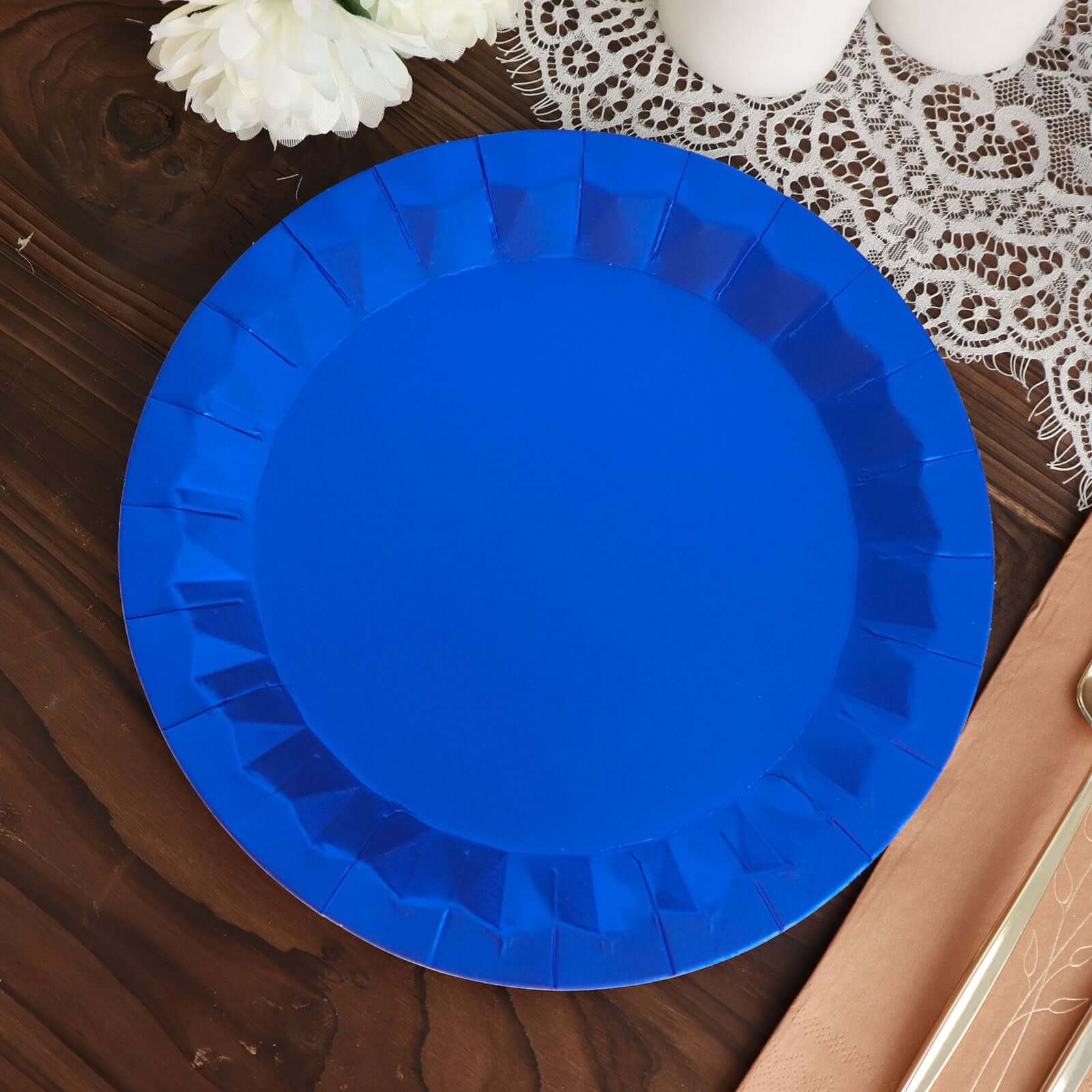 Hot Deal! 25-Piece Set of Disposable 400GSM Royal Blue Round Dinner Paper Plates with Geometric Prism Rim