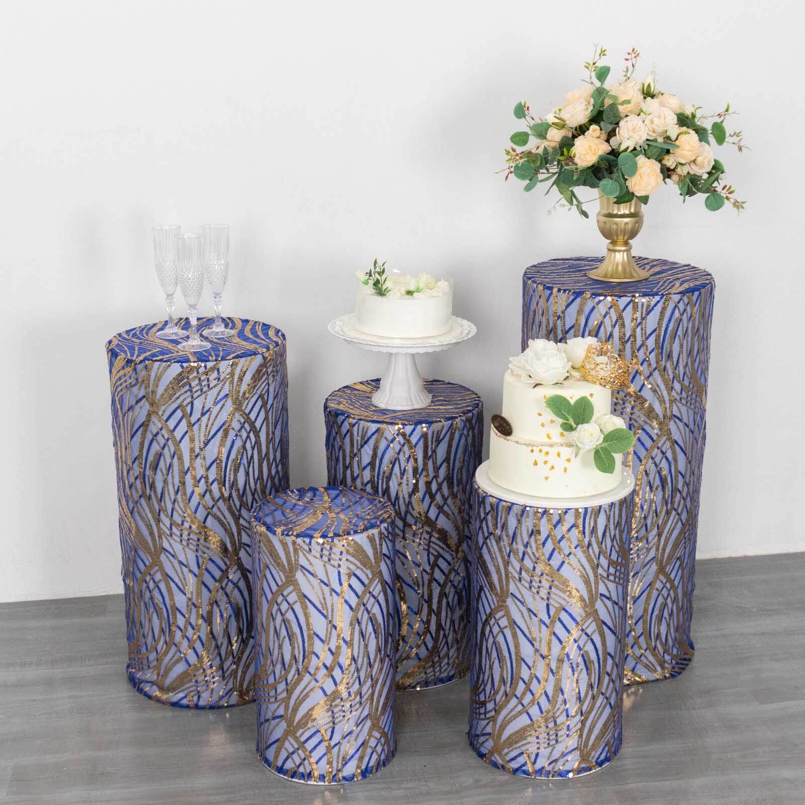 Hot Sale! Set of 5 Royal Blue Sequin Mesh Cylinder Pedestal Stand Covers with Wave Pattern