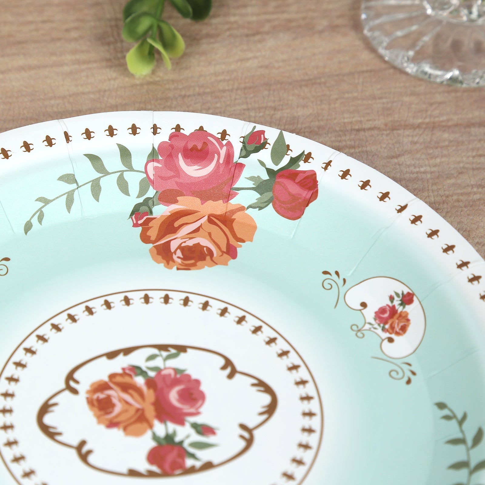 25-Pack 7-Inch Turquoise Vintage Rose Print Disposable Dessert Plates - Ideal for Events