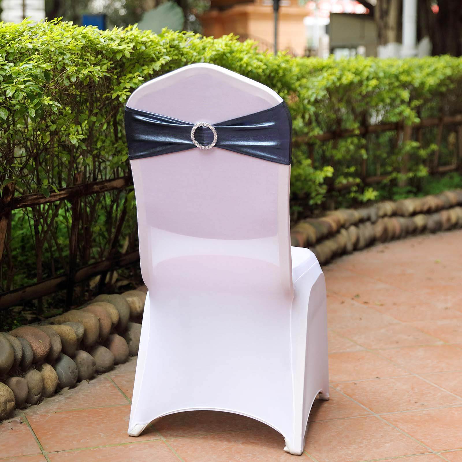 5-Pack Navy Blue Metallic Spandex Chair Sashes with Round Diamond Plastic Buckles - Ideal for Decor