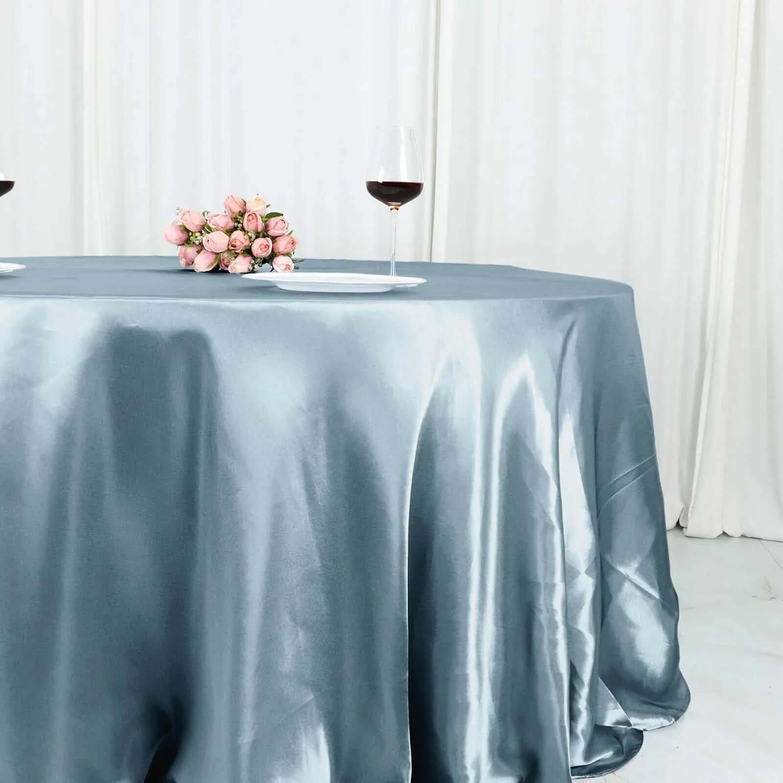 Stylish Seamless Dusty Blue Satin 132-Inch Round Tablecloth