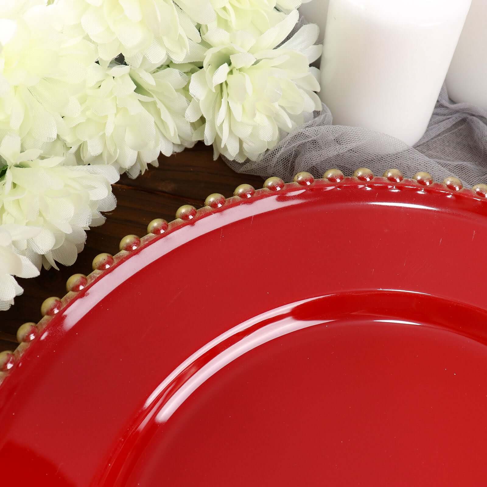 Hot Sale! 6-Piece Set of 13-Inch Red Acrylic Round Charger Plates with Gold Beaded Rims for Dinner Parties