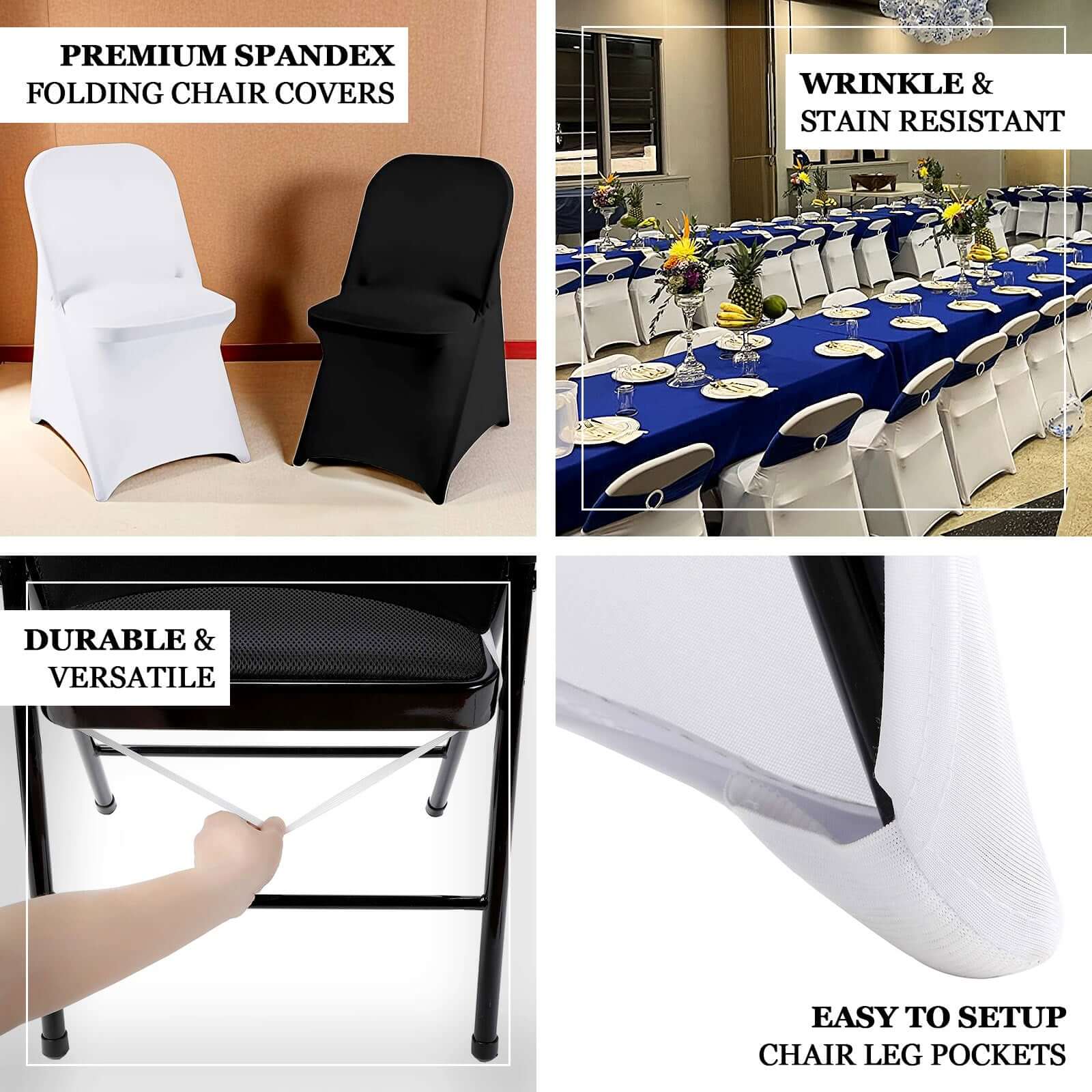 Premium White Spandex Stretch Chair Covers with Foot Pockets for Folding Chairs - Ideal for Weddings & Gatherings