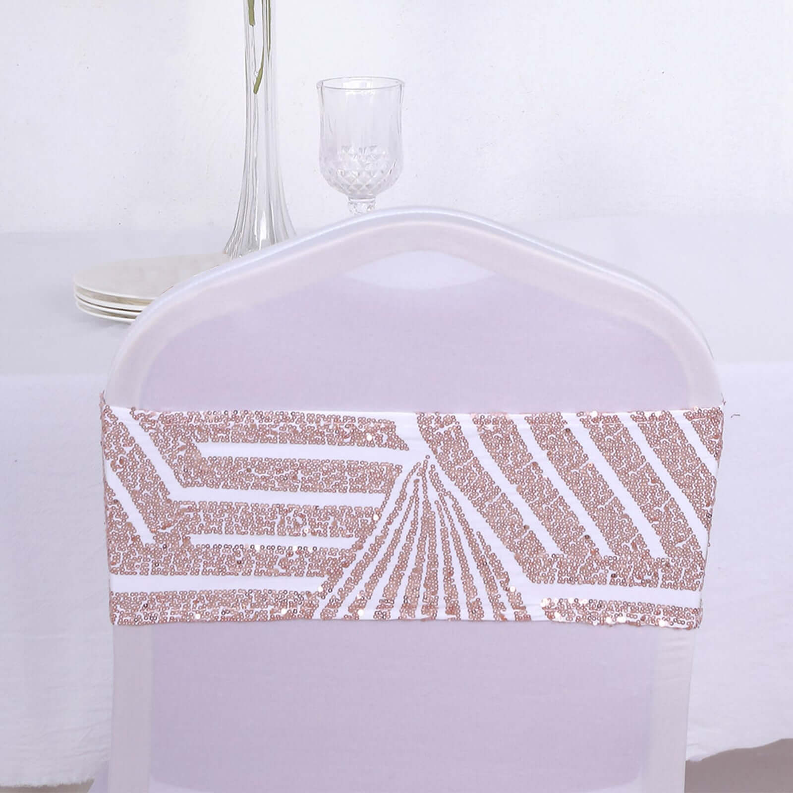 5-Piece Set of Stretchable Sequin Spandex Chair Sashes in White with Rose Gold Geometric Diamond Design