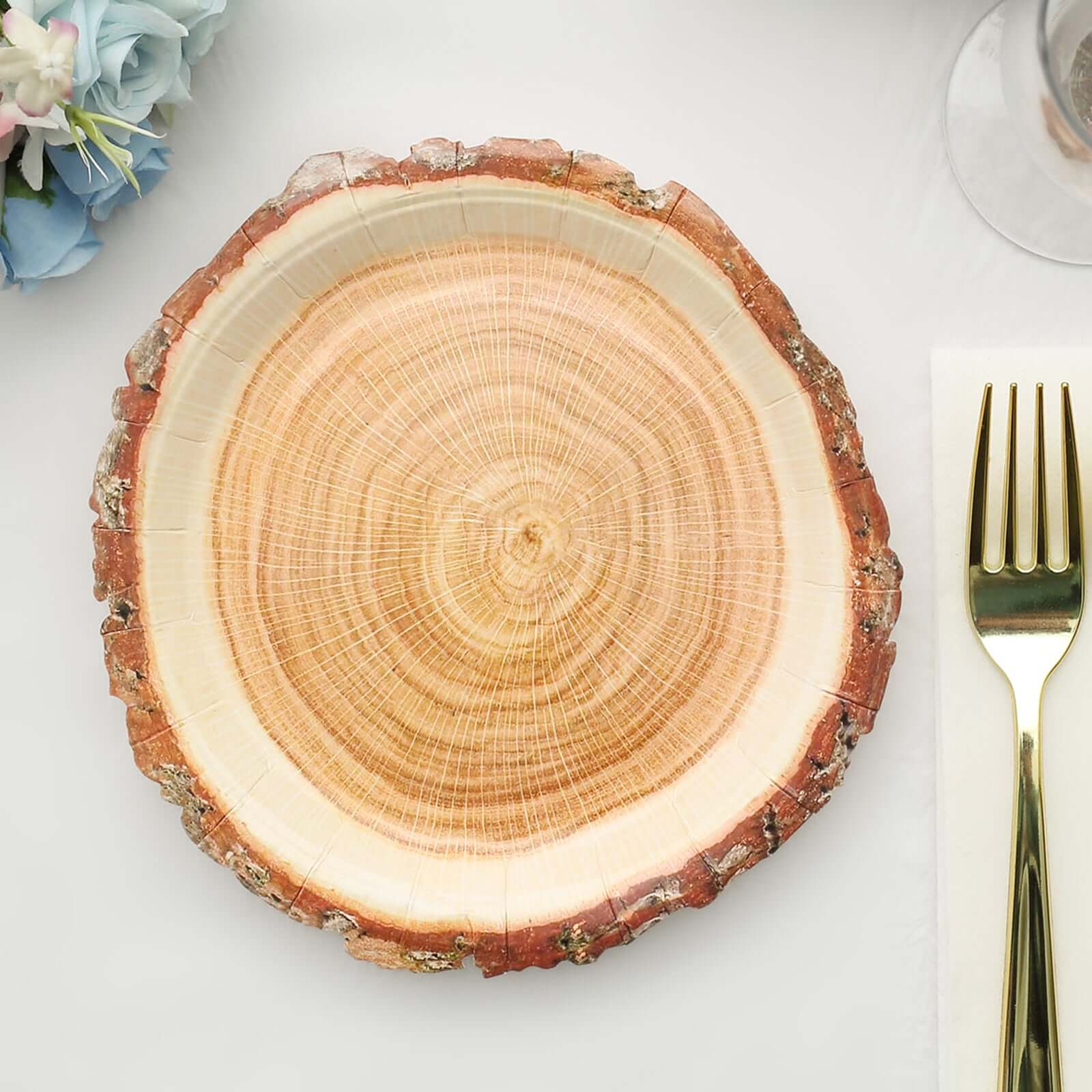 25-Pack Disposable 7-Inch Round Paper Dessert Plates with Natural Wood Slice Print for Rustic Farmhouse Events