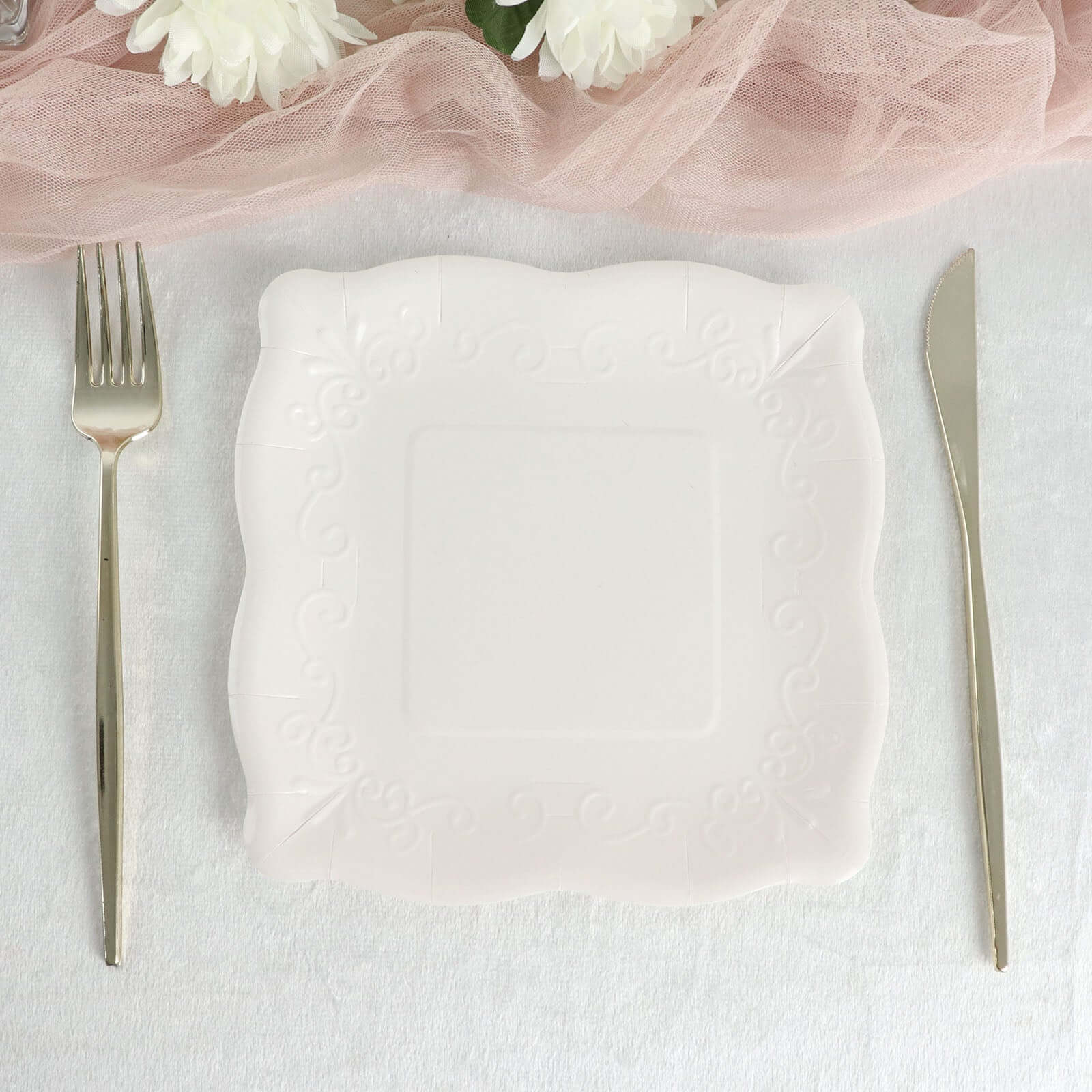 25-Pack White Square 7-Inch Disposable Dessert Plates with Vintage Pottery Embossed Design - Ideal for Special Events
