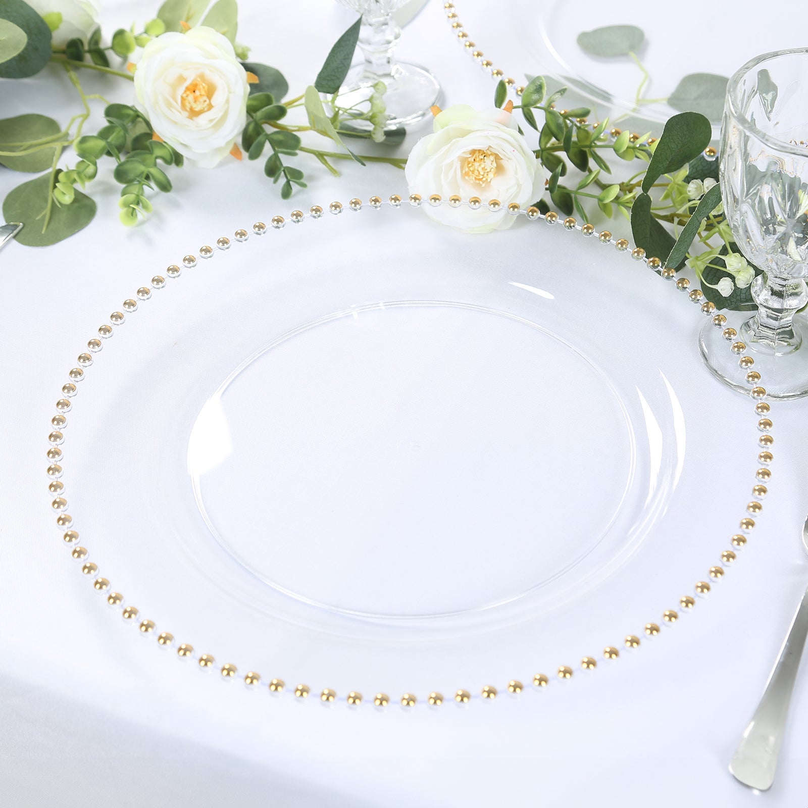 10-Piece Set of Clear 13-Inch Round Plastic Charger Plates with Gold Beaded Rim for Stylish Dinner Parties