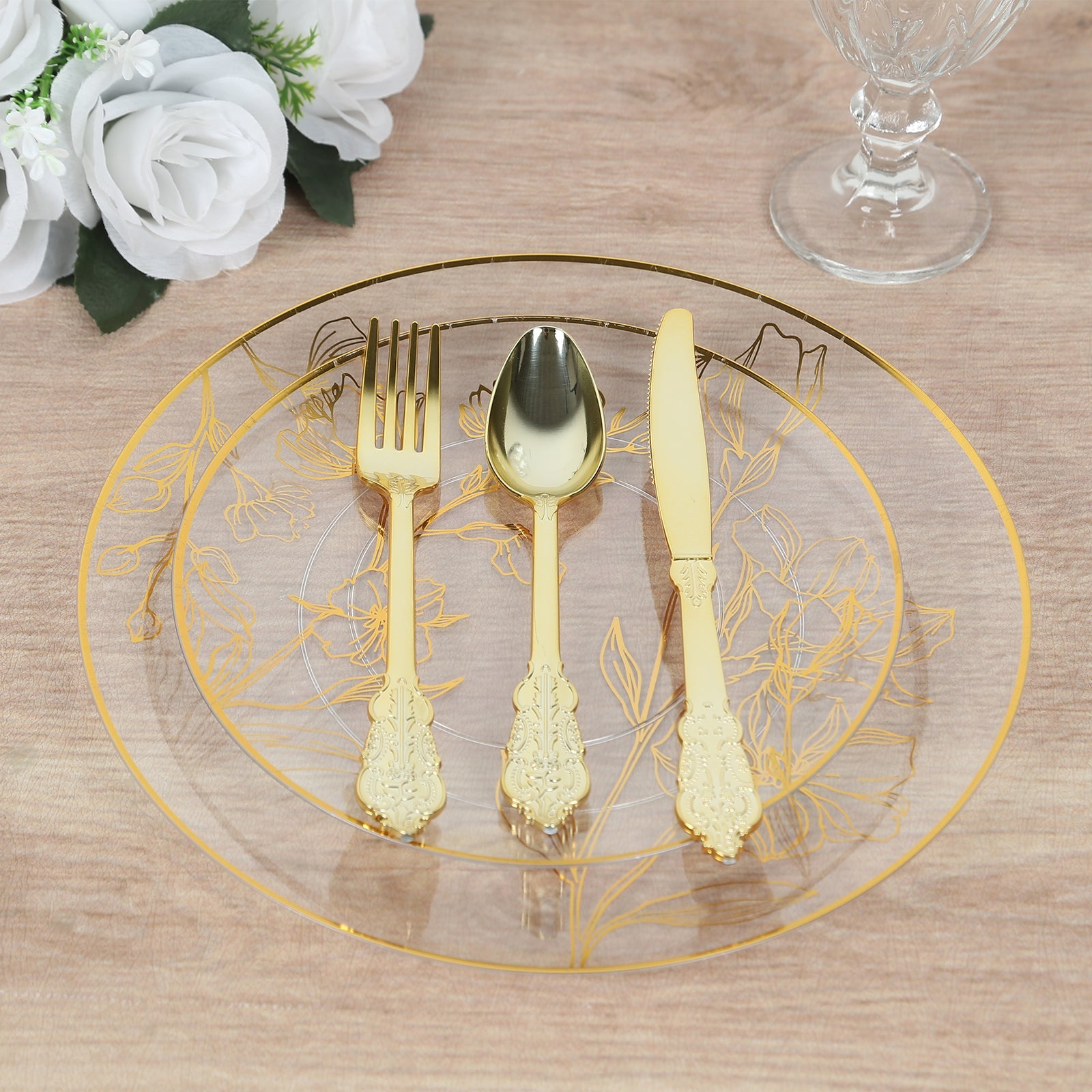 Set of 20 Disposable Clear Plastic Dinner and Dessert Plates with Metallic Gold Floral Design
