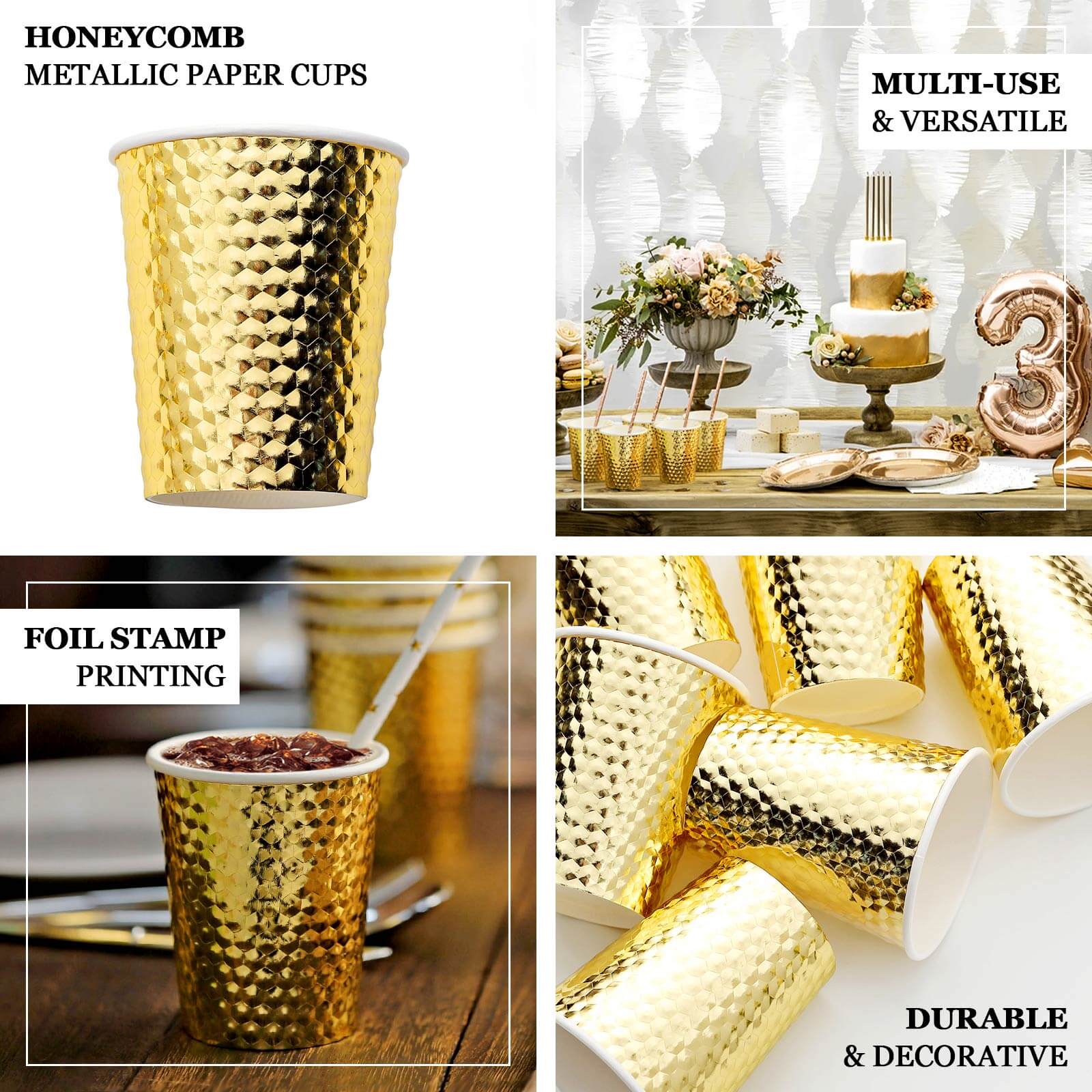 24-Pack Gold Foil Honeycomb Design Disposable Paper Cups - 10oz for Hot & Cold Drinks, Ideal for Parties