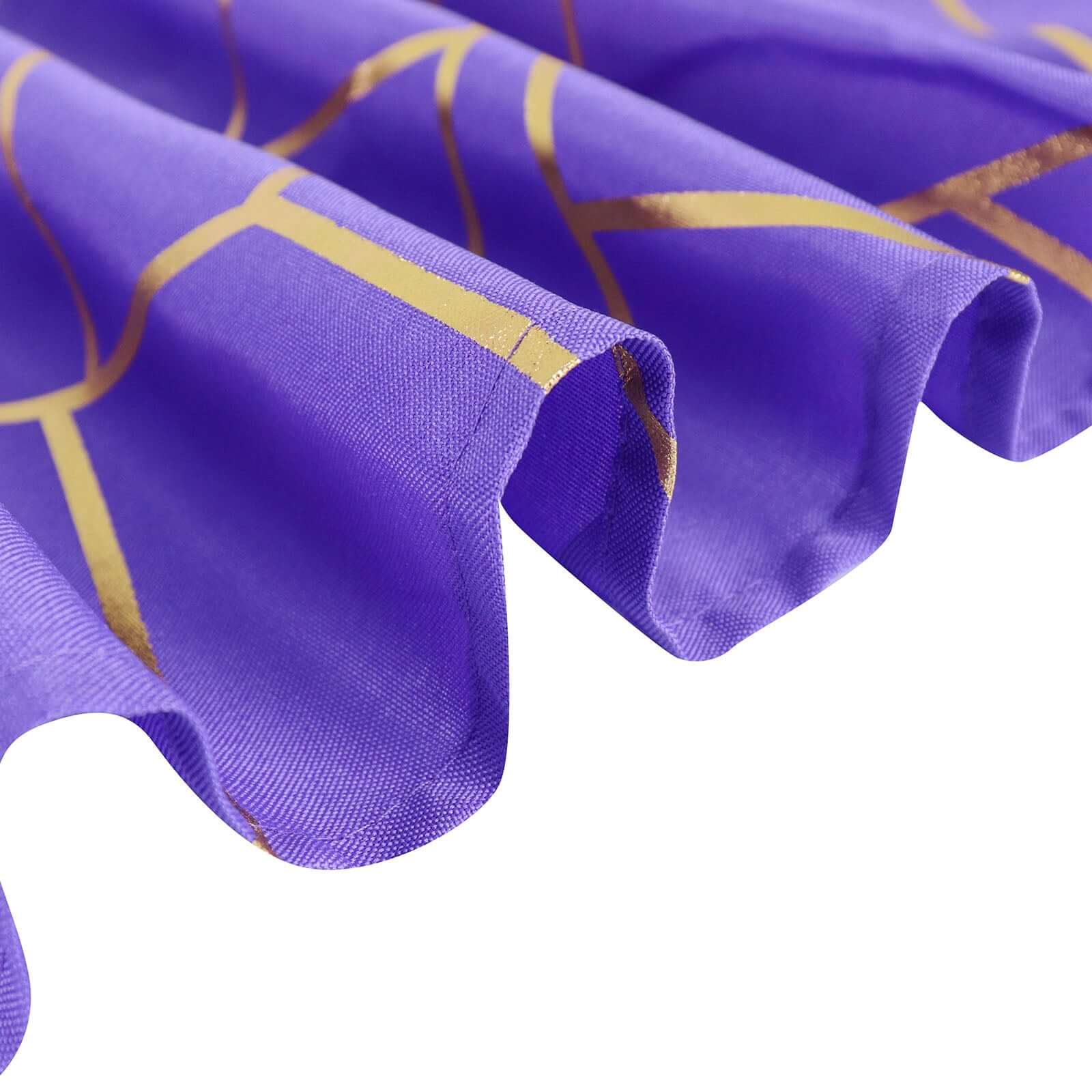 Hot! Wrinkle-Resistant Purple Polyester Round Tablecloth with Gold Foil Geometric Pattern, 120" Dia.