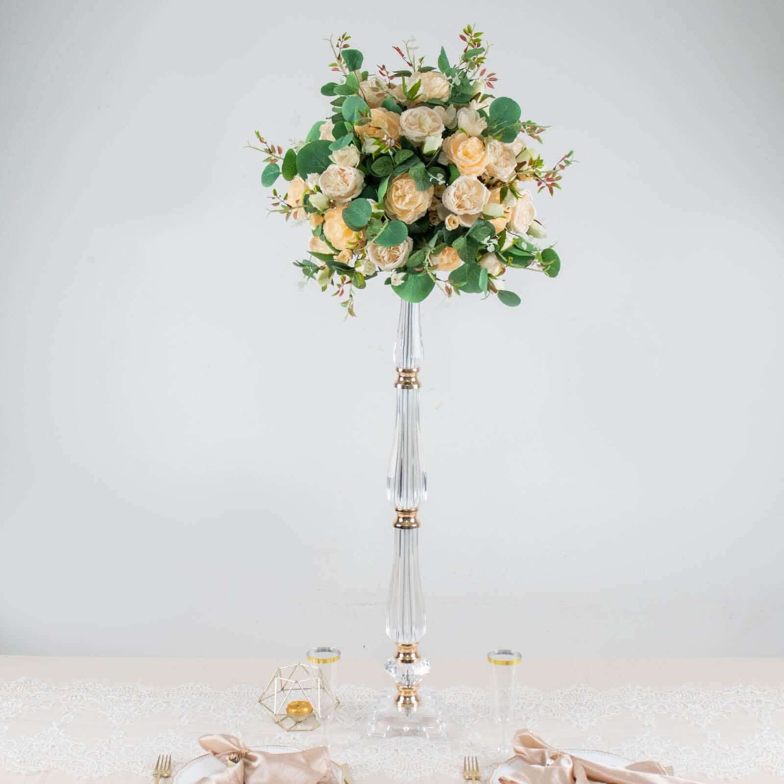 32-inch Gold and Clear Acrylic Crystal Pillar Candle Stand for Wedding Centerpieces