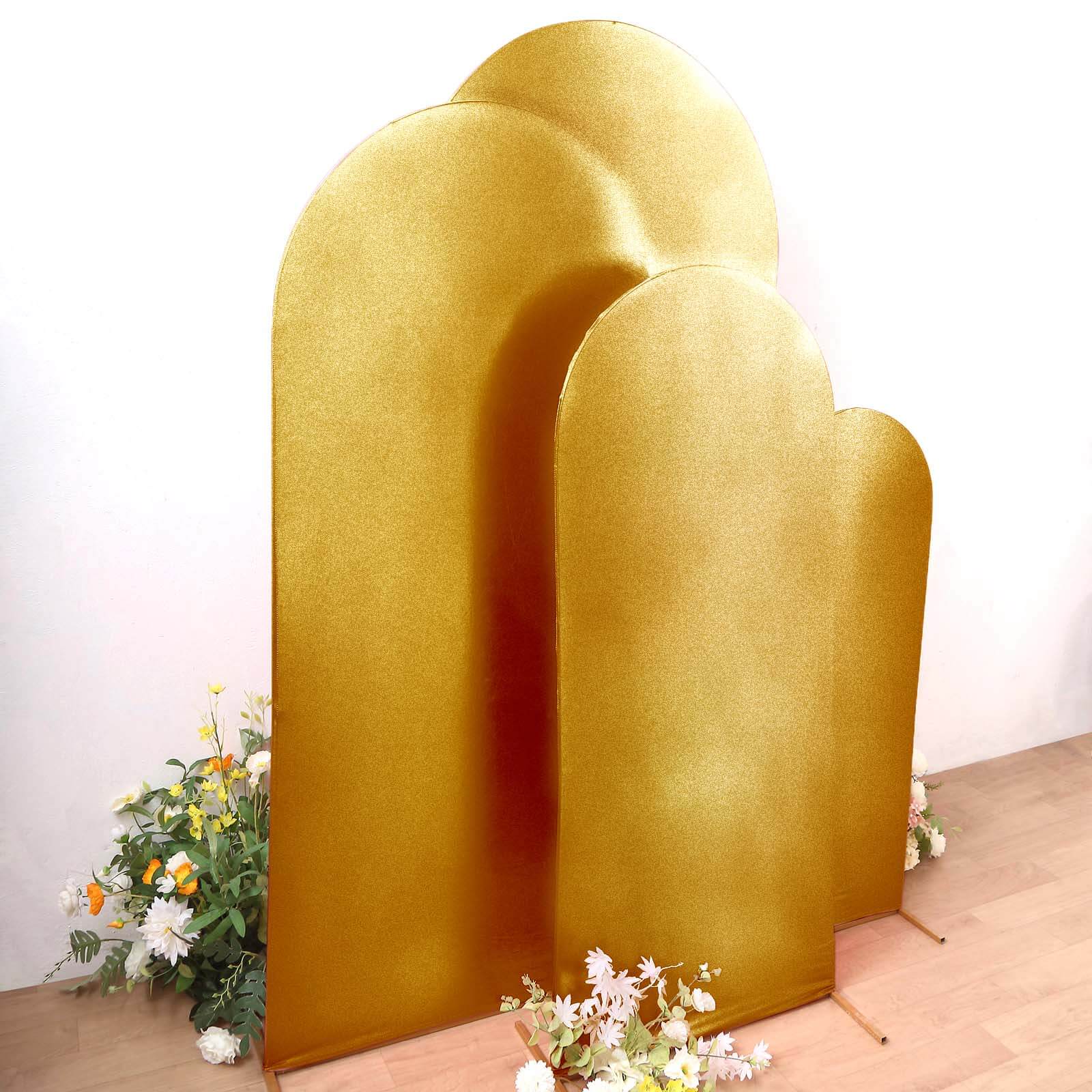 4-Piece Gold Metallic Spandex Wedding Arch Covers for Round Top Backdrops - 4ft to 7ft Sizes